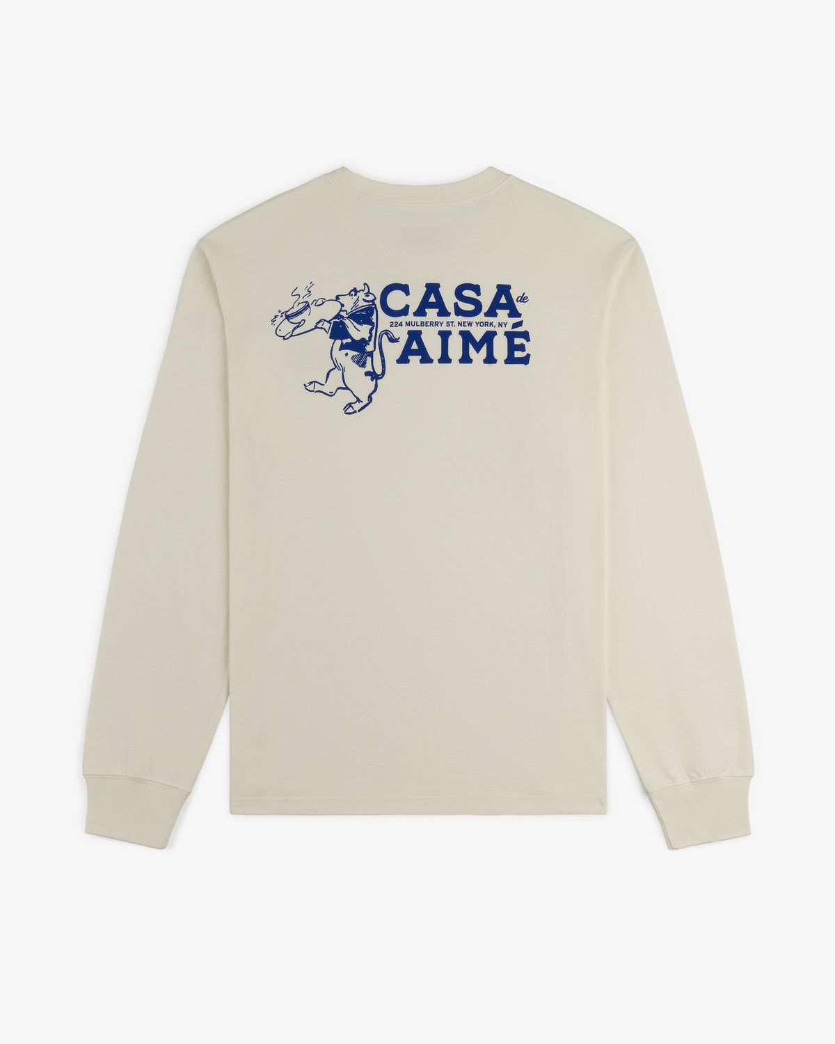 Cream Long-Sleeve Casa Tee with blue CASA AIME text and cartoon trumpet player graphic on the back.