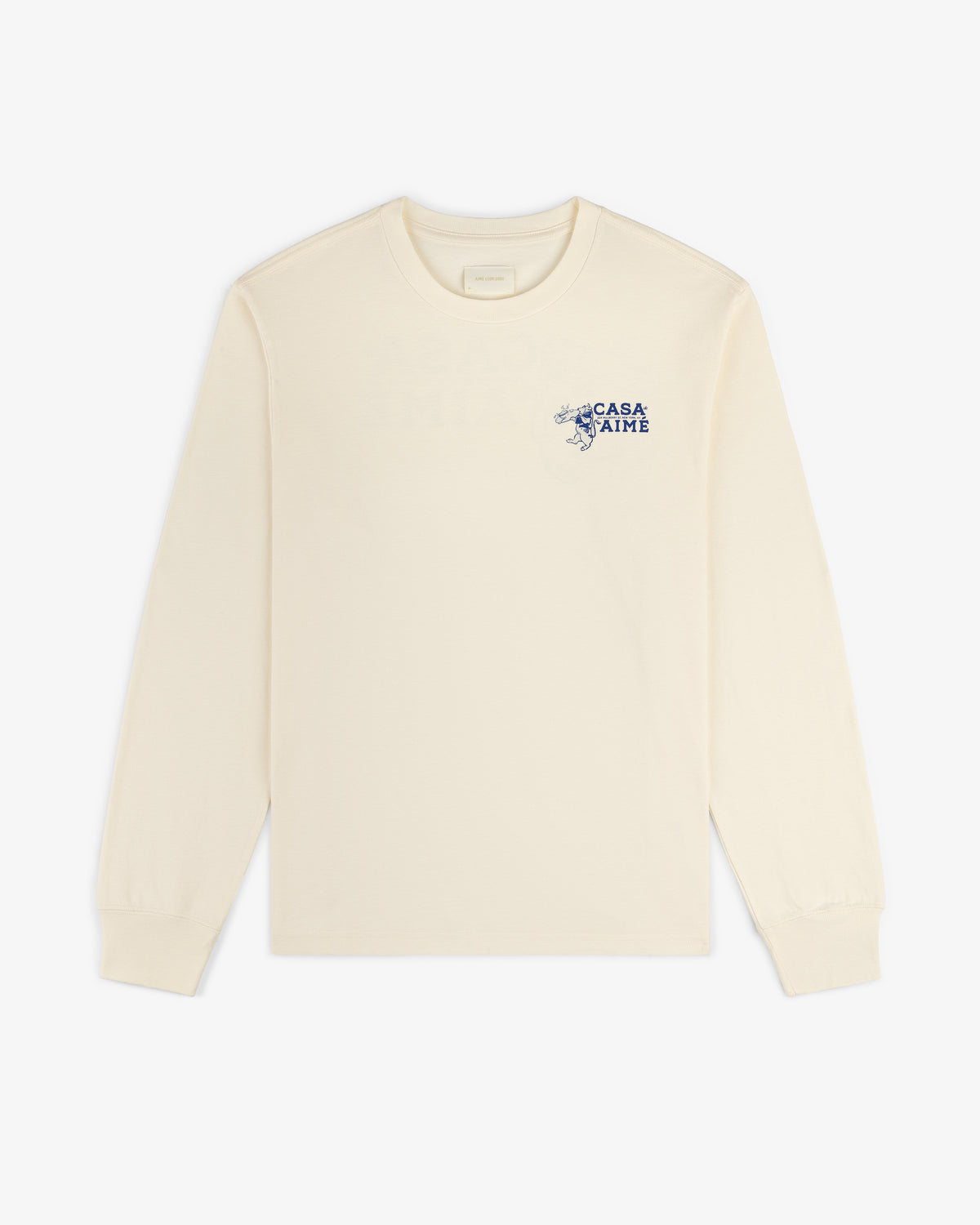 Long-Sleeve Casa Tee in cream with small blue CASA AIMÉ logo and graphic on the left chest.