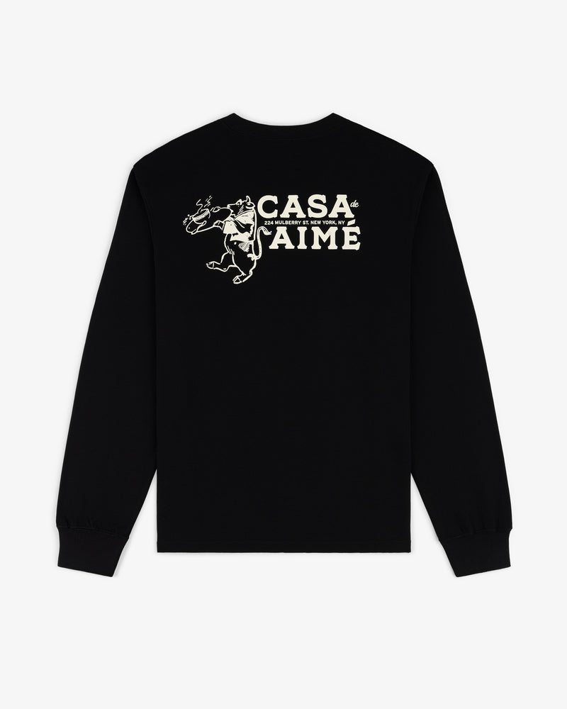 Black Long-Sleeve Casa Tee with CASA JAIME and a dancing cartoon animal graphic on the upper back.