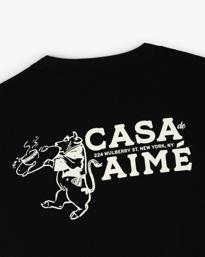 Long-Sleeve Casa Tee: black shirt with rat holding pizza graphic and CASA de AIMÉ, 224 Mulberry St. New York, NY text.