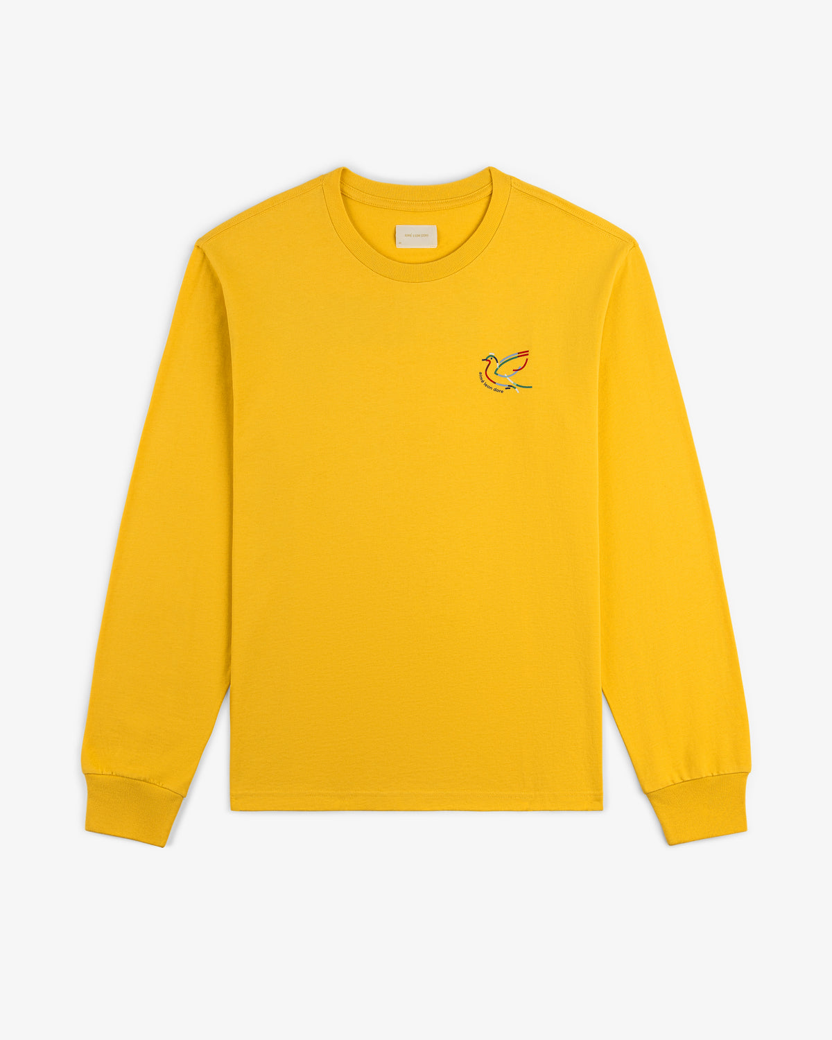 Long-Sleeve Souvenir Tee in yellow with a colorful bird embroidered on the left chest, displayed flat on white.