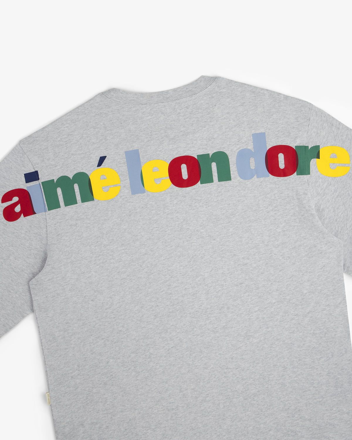 Long-Sleeve Souvenir Tee in gray with large, colorful aimé leon dore letters across the upper back.