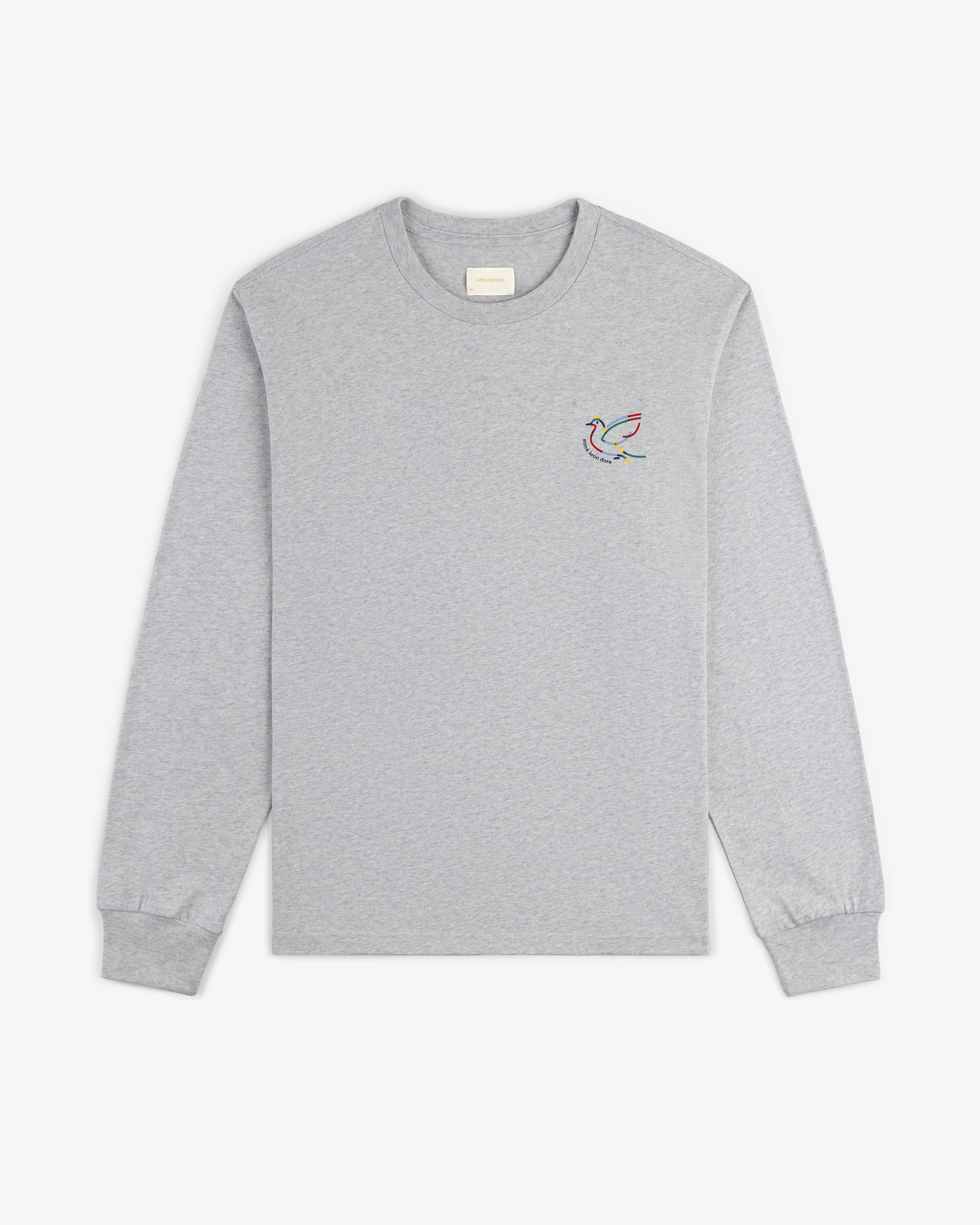 Long-Sleeve Souvenir Tee in gray with a small, colorful embroidered bird on the left chest.