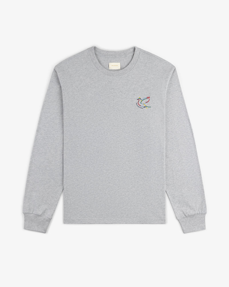 Long-Sleeve Souvenir Tee in gray with a small, colorful embroidered bird on the left chest.