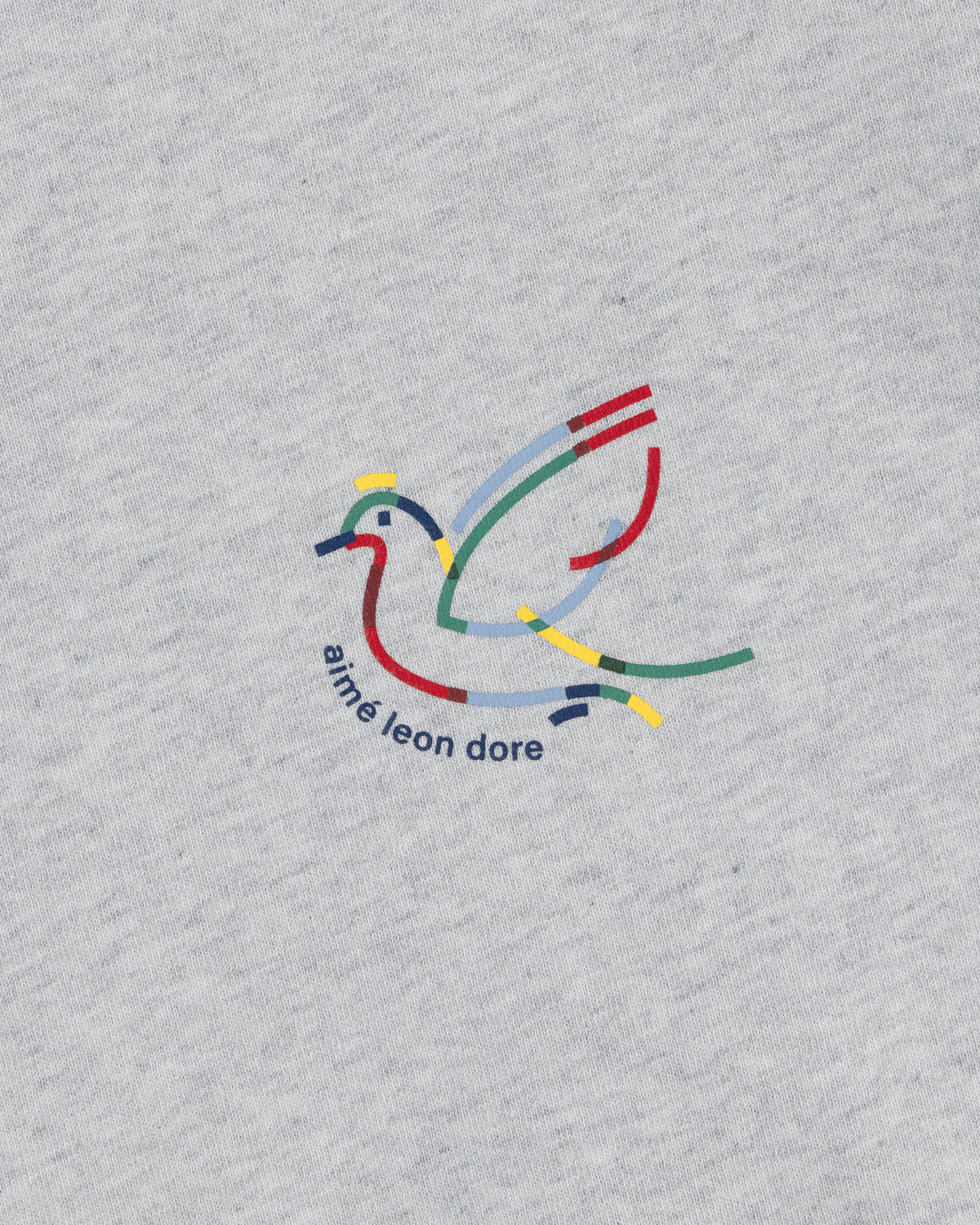 Minimalist dove outline in colorful lines with aimé leon dore text on a Long-Sleeve Souvenir Tee in light gray.