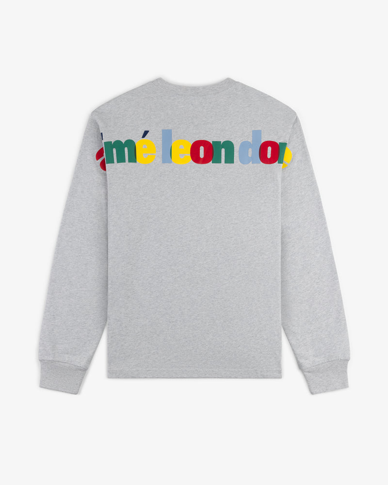 Gray Long-Sleeve Souvenir Tee with colorful, bold "amé leondo" lettering across the upper back.