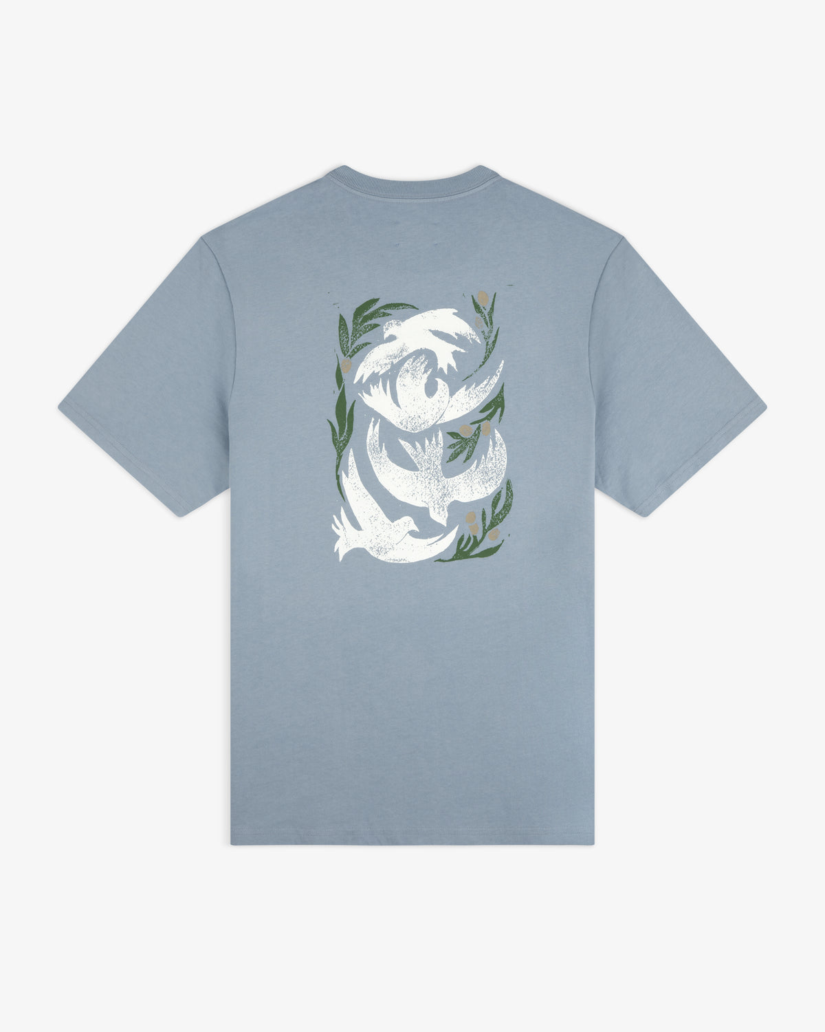 Woodblock Dove Tee in light blue features a white bird and green leaf design printed on the back.