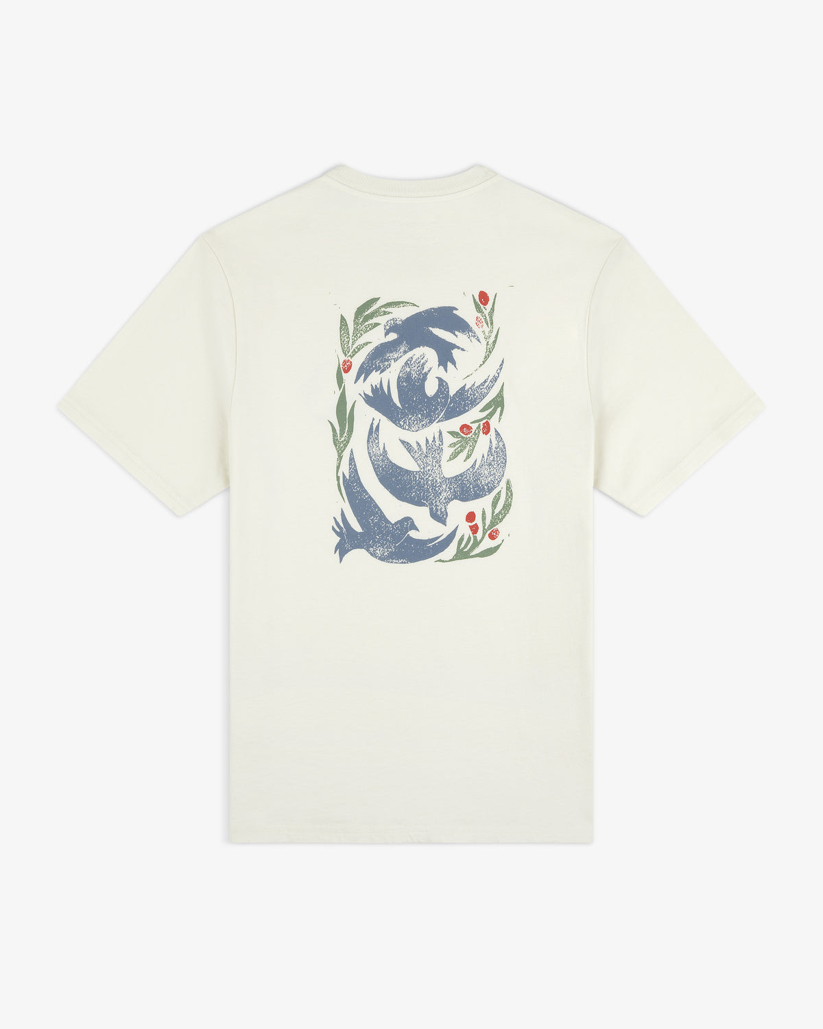 Back of off-white Woodblock Dove Tee with blue birds and green leaves plus red berries in a vertical pattern.
