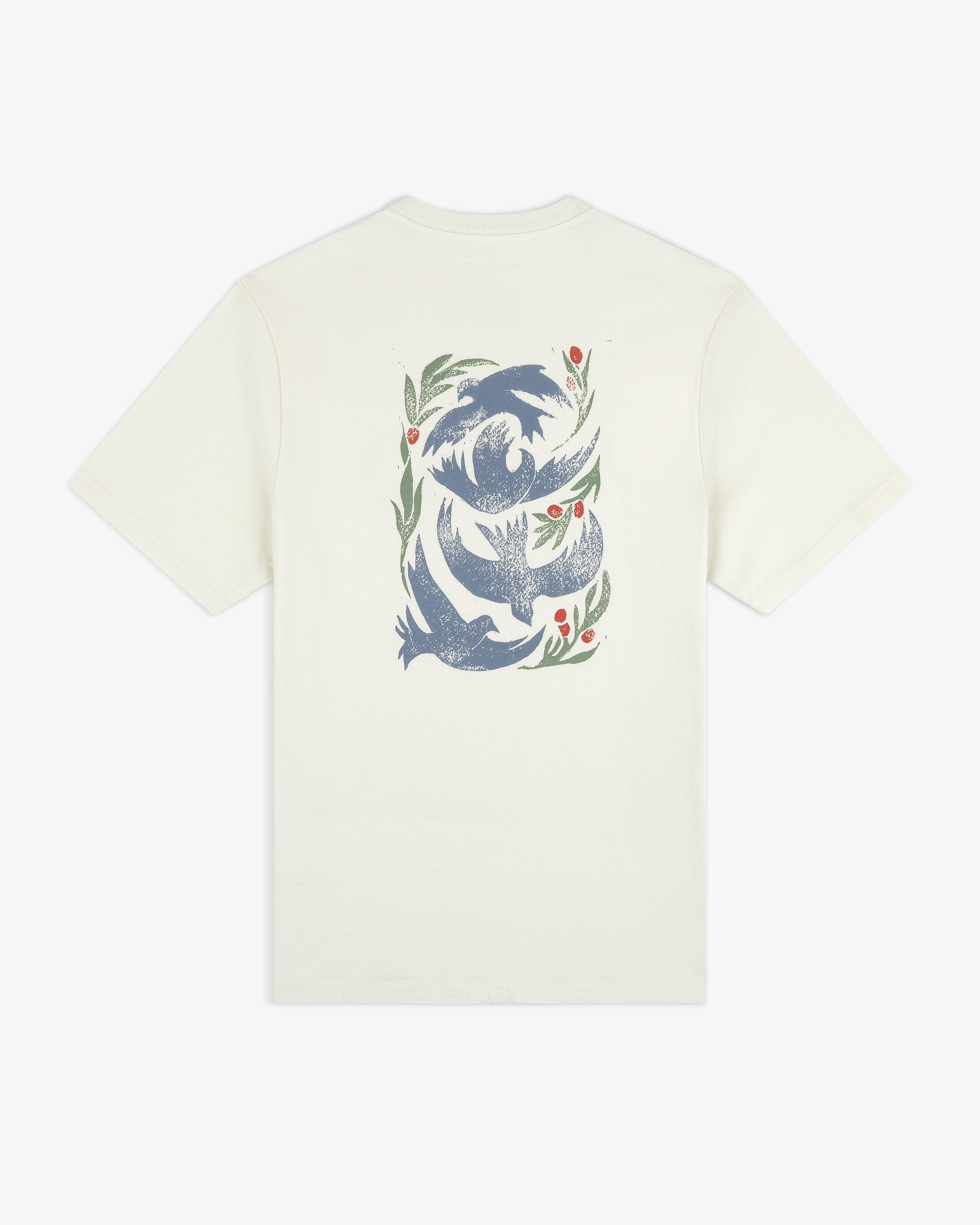 Back of off-white Woodblock Dove Tee with blue birds and green leaves plus red berries in a vertical pattern.