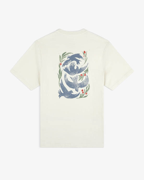 Back of off-white Woodblock Dove Tee with blue birds and green leaves plus red berries in a vertical pattern.