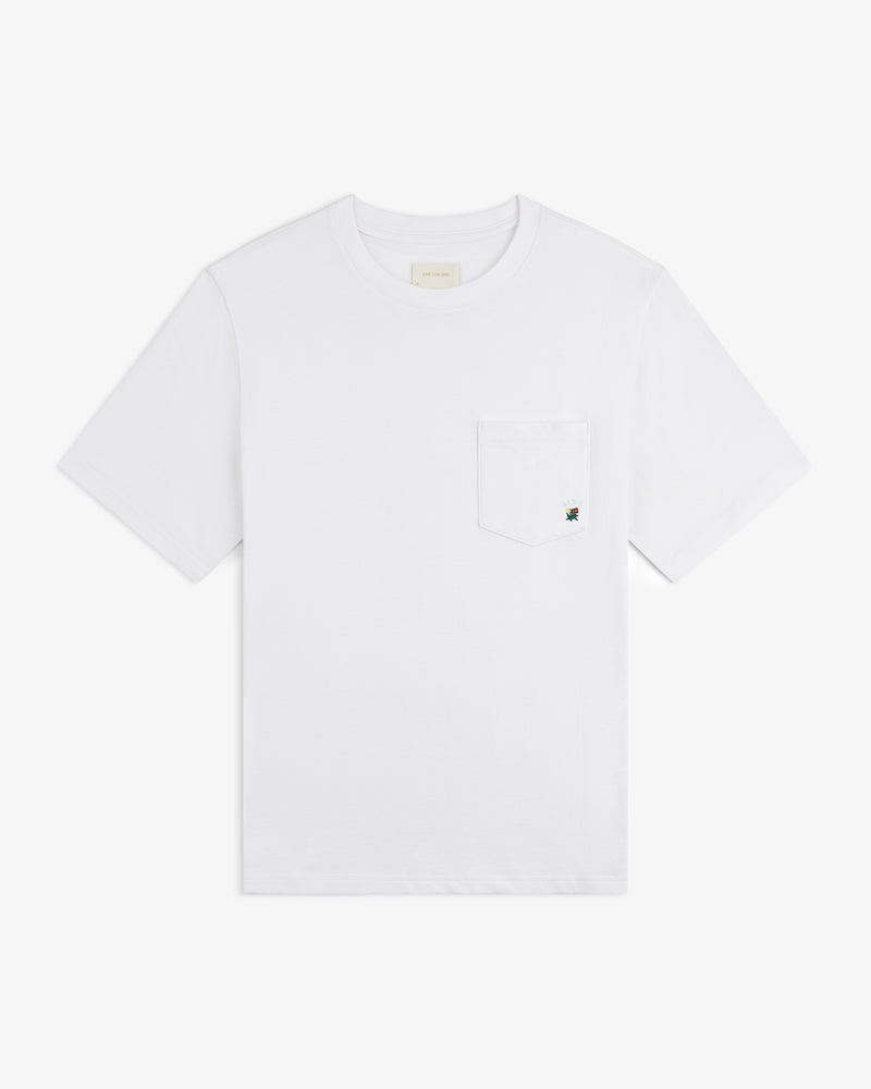 Crest Pocket Tee – plain white short-sleeve shirt with a small left chest pocket.