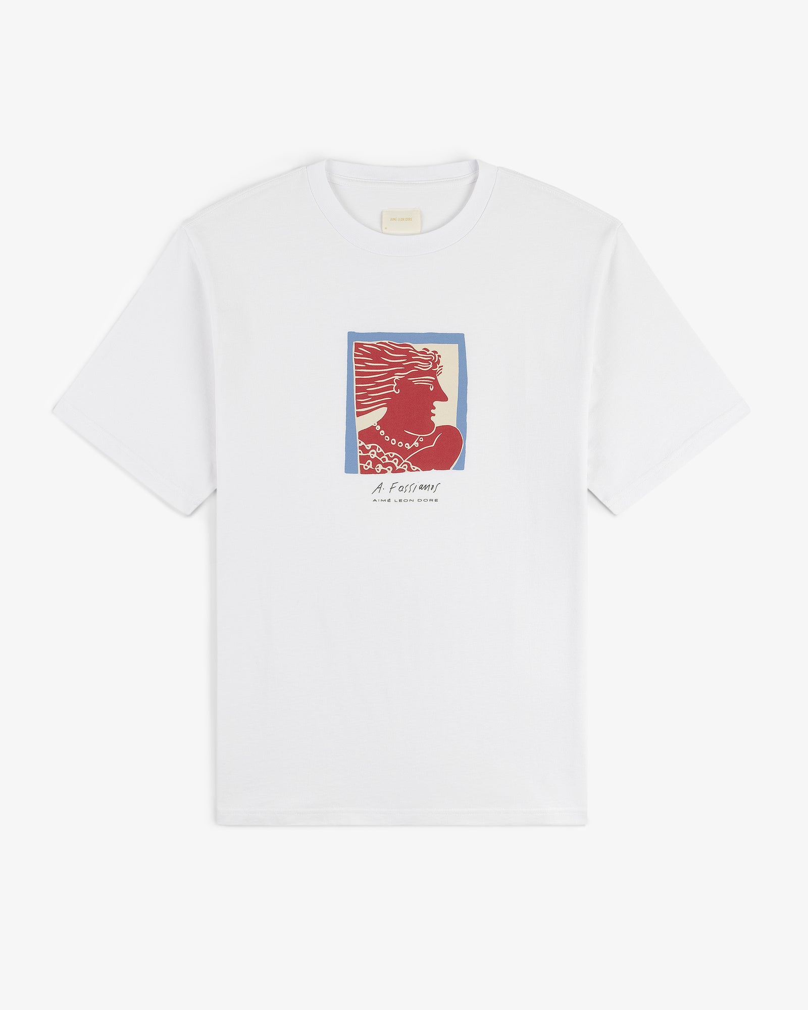 Fassianos Portrait Tee: White t-shirt with a red and blue graphic of a woman's profile and "A lair marin" text.
