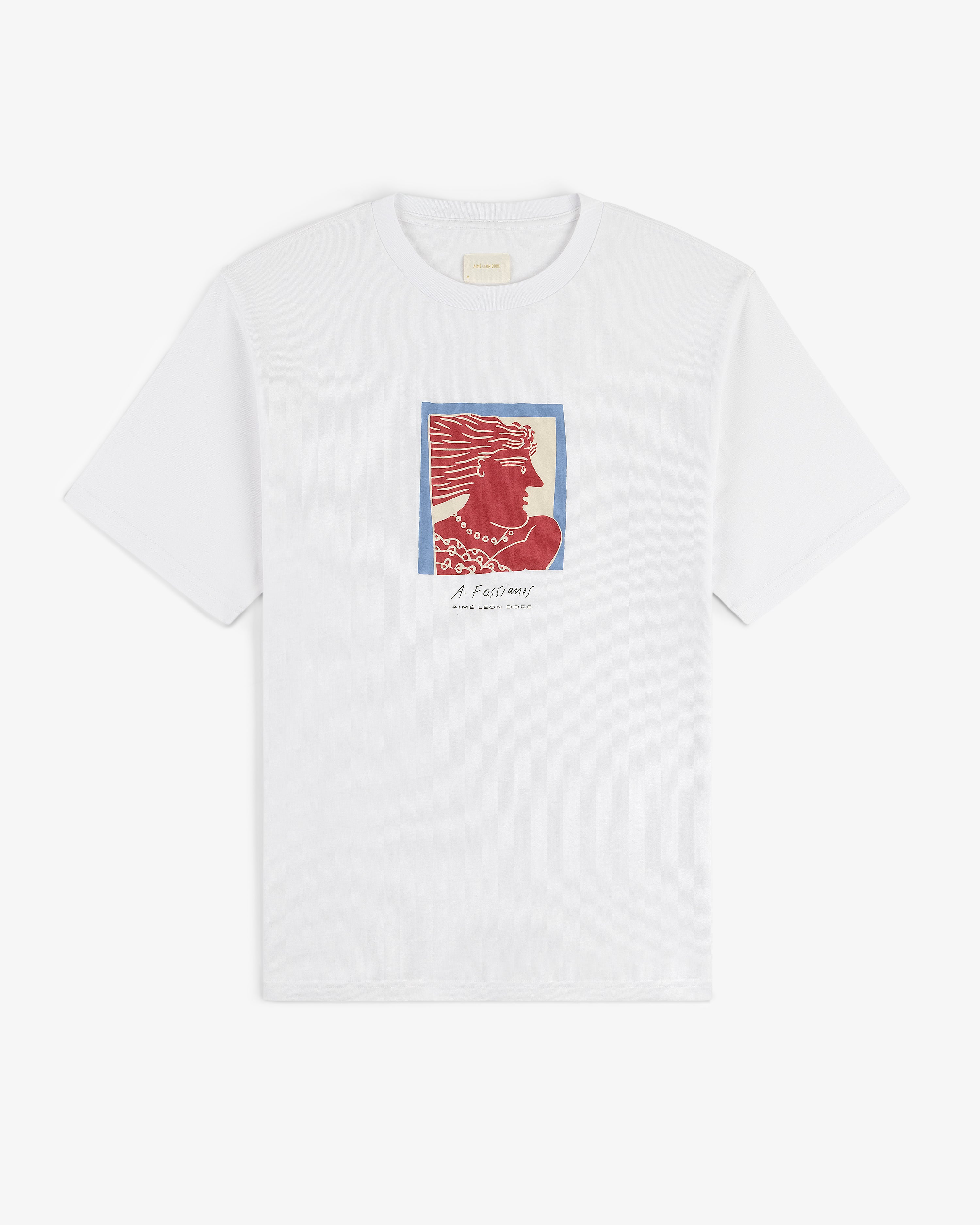 Fassianos Portrait Tee: White t-shirt with a red and blue graphic of a woman's profile and "A lair marin" text.