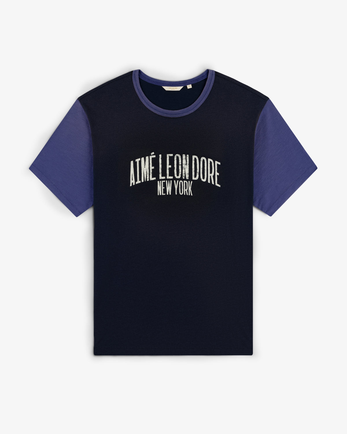 Washed Ringer Tee in navy blue, purple sleeves, white AIMÉ LEON DORE NEW YORK print on chest.