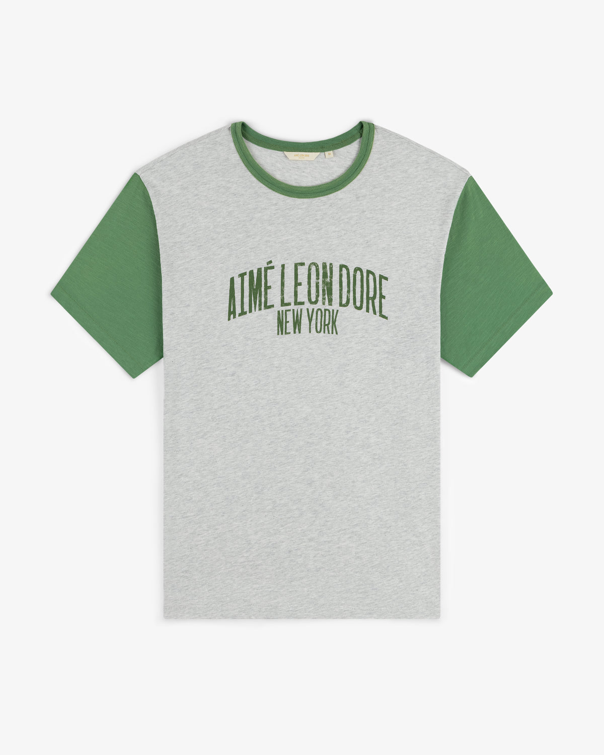 Washed Ringer Tee in gray with green sleeves and AIMÉ LEON DORE NEW YORK in green on the chest.
