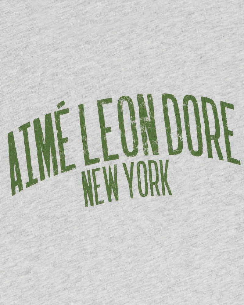 Green "AIMÉ LEON DORE NEW YORK" text in a curved, distressed font on light gray Washed Ringer Tee.
