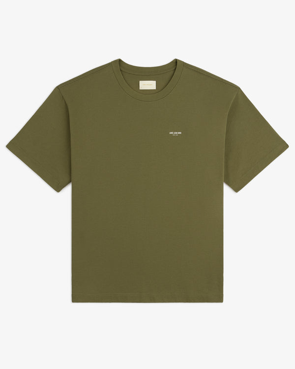 Safari Tee: Olive green short-sleeve t-shirt featuring a small white logo on the left chest.