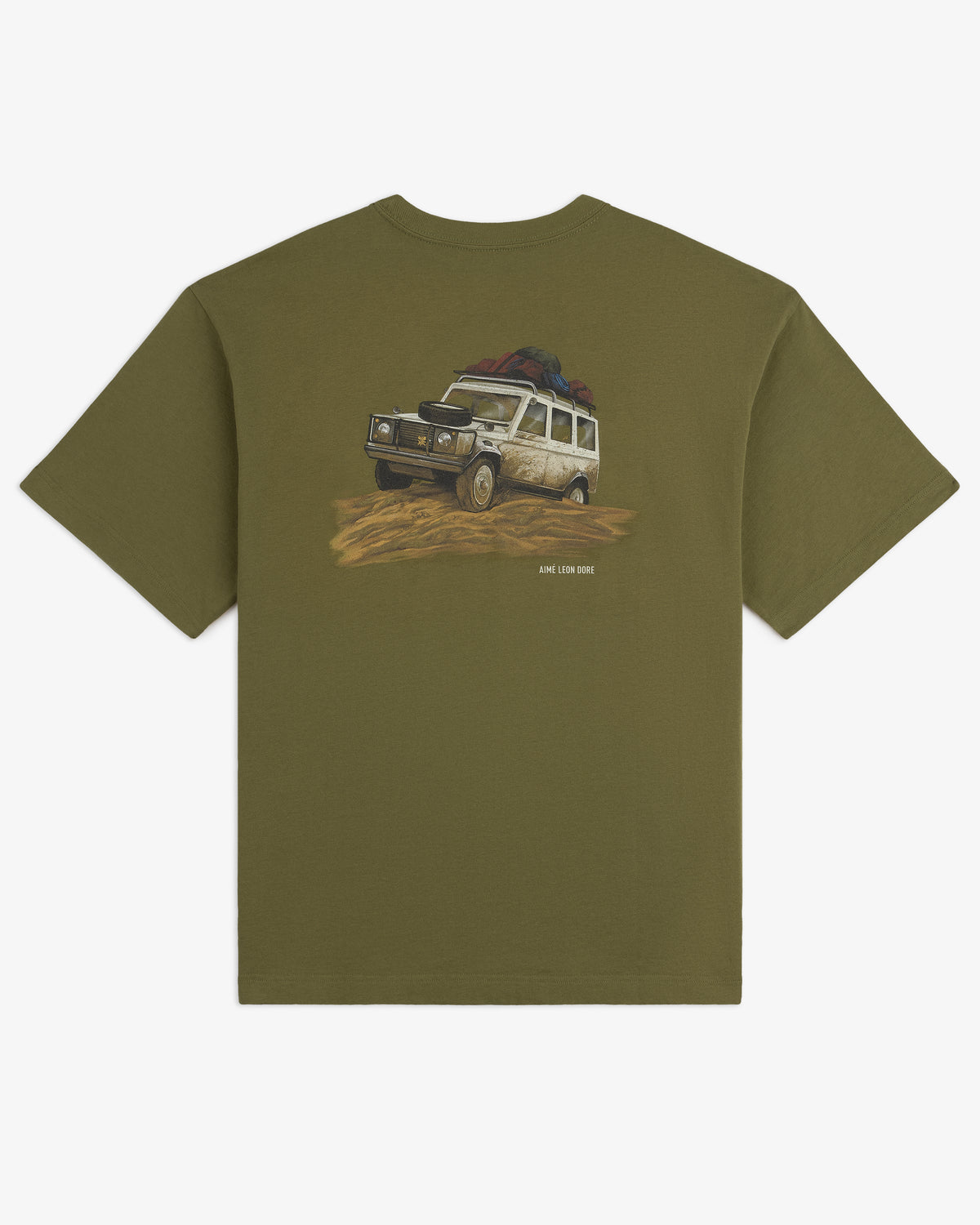 Safari Tee in olive green with a rugged SUV and rooftop gear illustrated driving off-road.