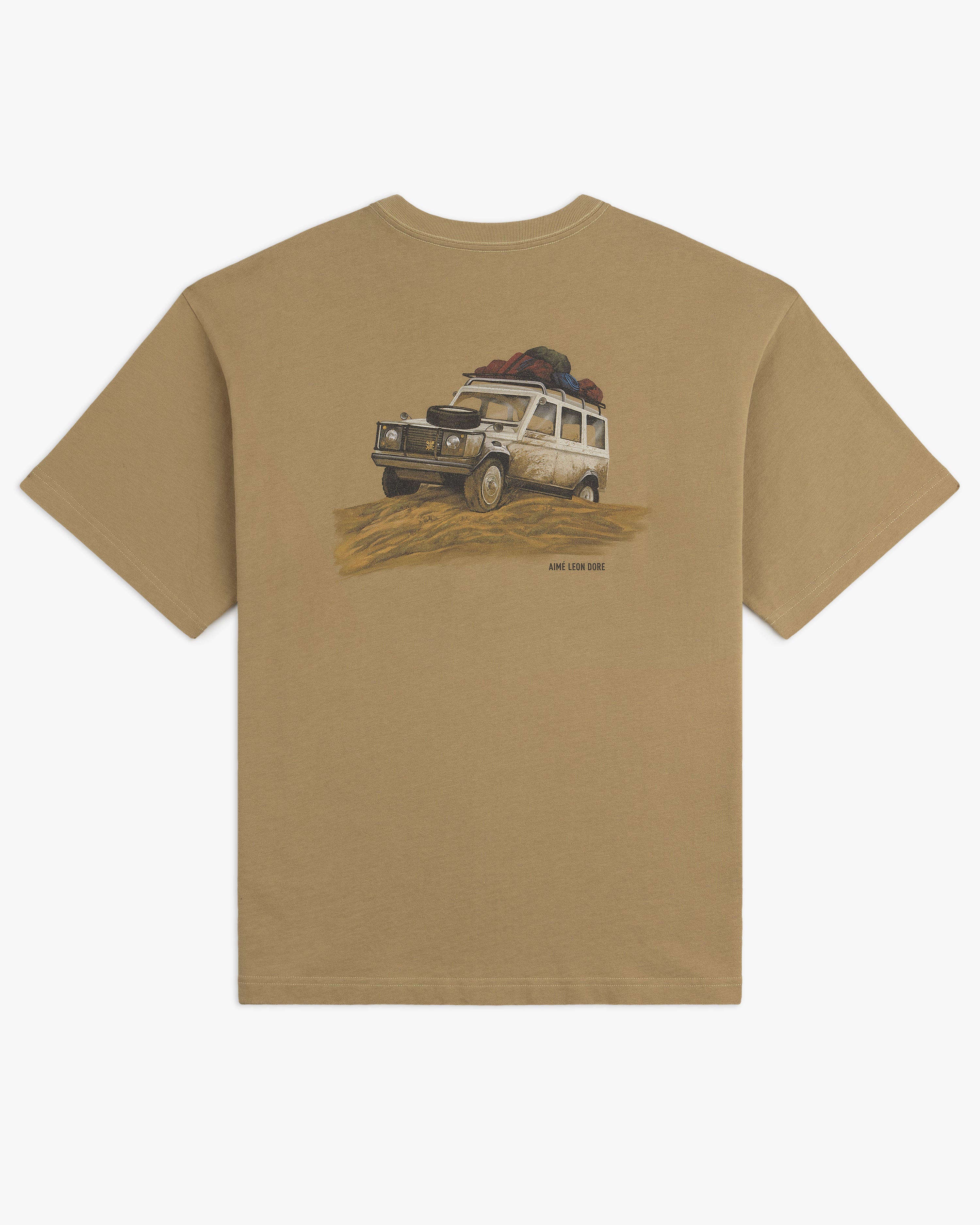 Safari Tee: Tan t-shirt featuring a graphic of an off-road vehicle with roof luggage driving through sand on the back.