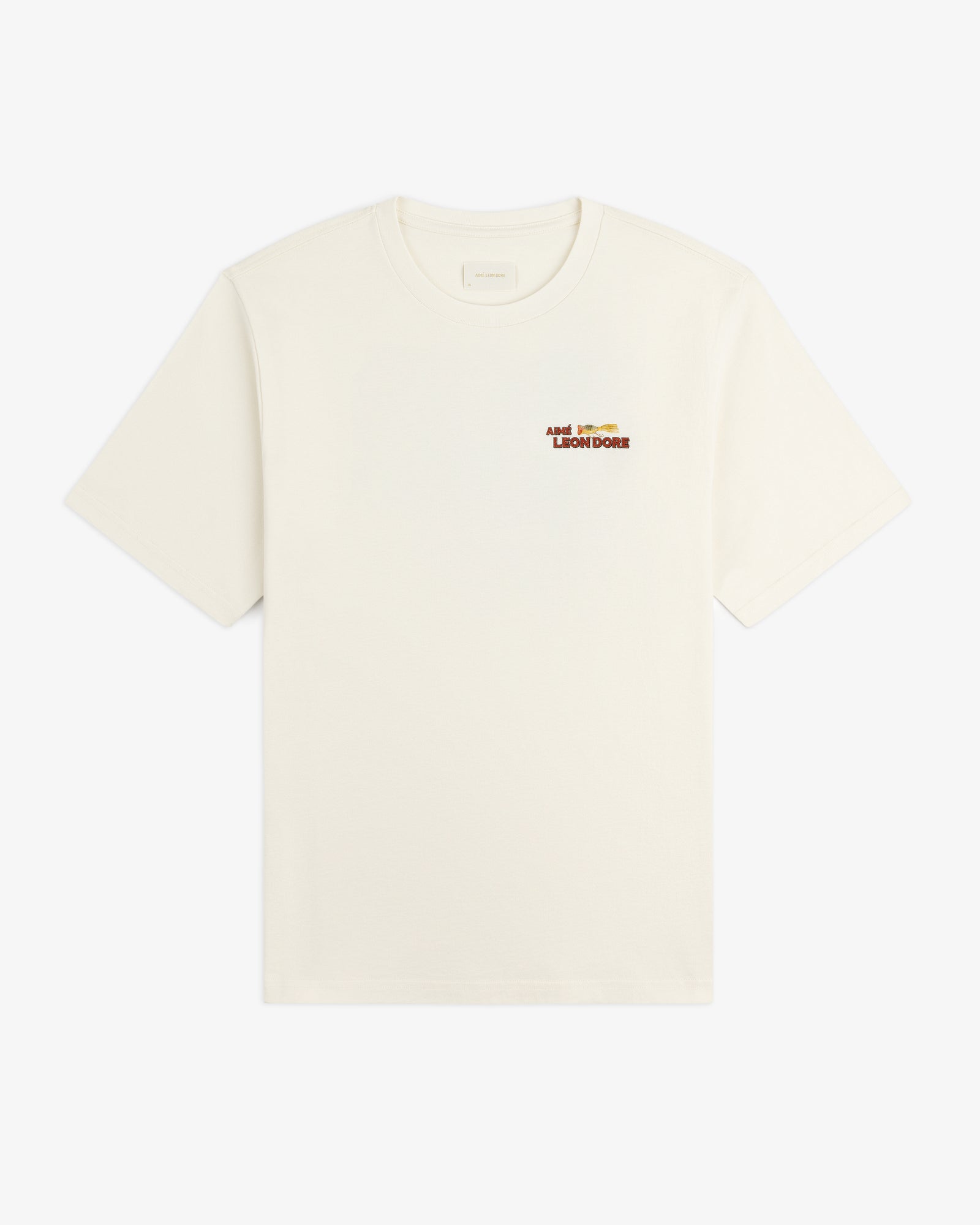 Catch & Release Tee in off-white with small brown and gold Aimé Leon Dore logo on left chest.