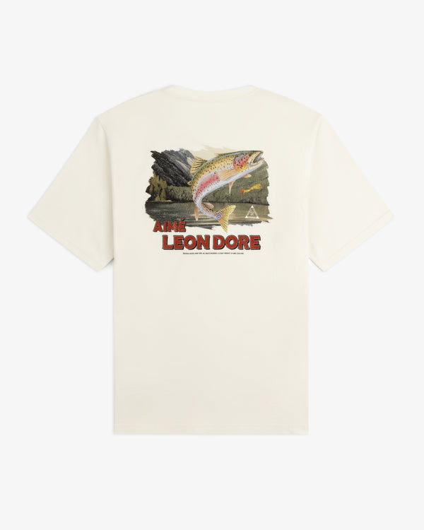 Catch & Release Tee: White T-shirt with large fish graphic, landscape background, and AIMÉ LEON DORE text on back.
