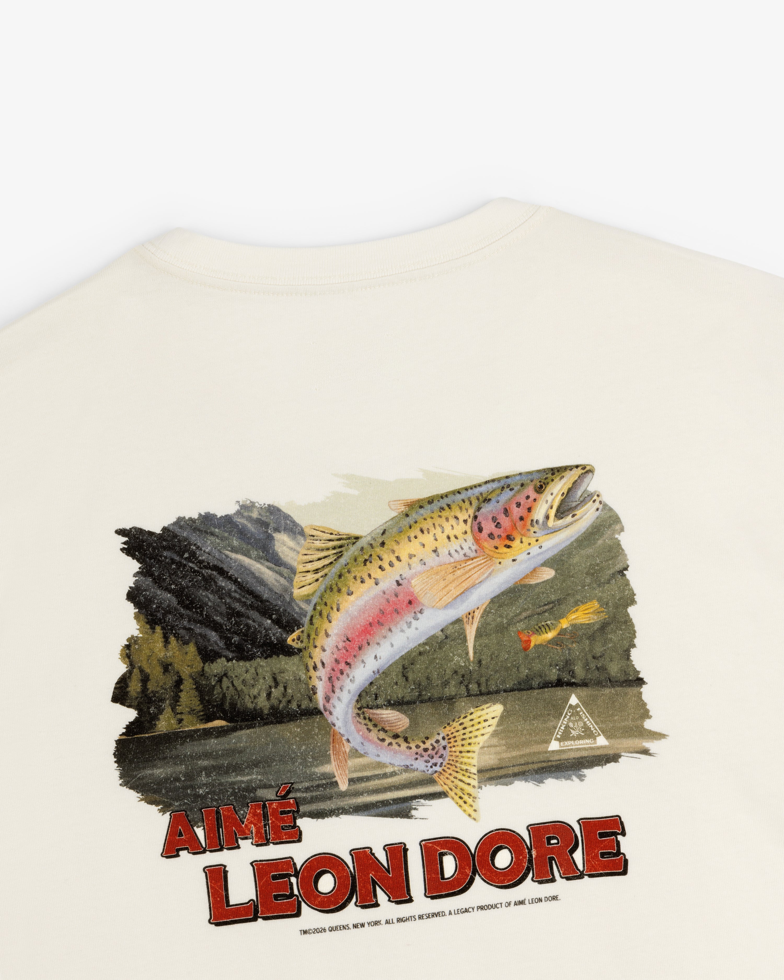 The Catch & Release Tee features a large leaping fish and bold red AIMÉ LEON DORE text below.