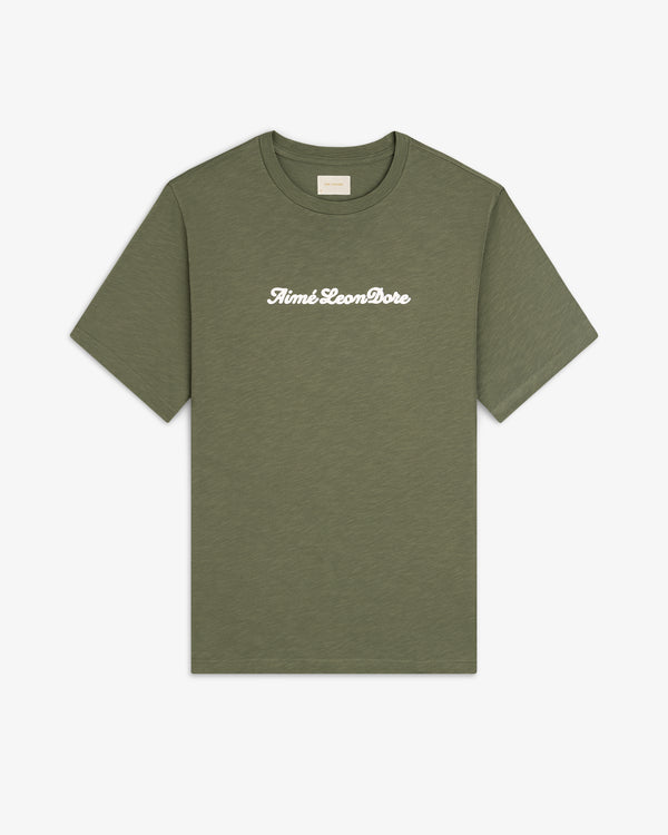 Olive green Puff Print Slub Logo Tee with white Aimé Leon Dore logo on chest, shown on a white background.