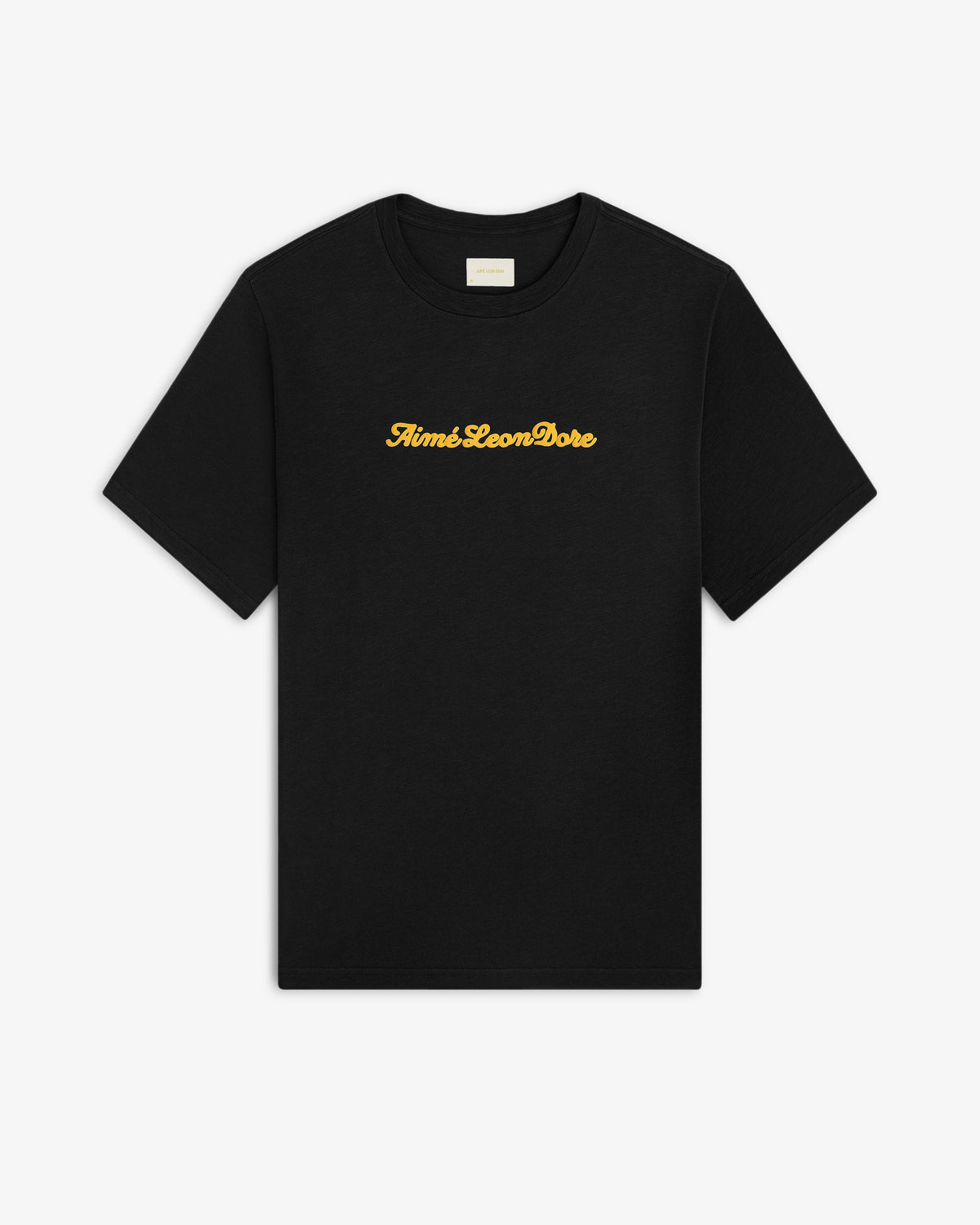 Black Puff Print Slub Logo Tee with yellow Aimé Leon Dore cursive text centered on the chest.