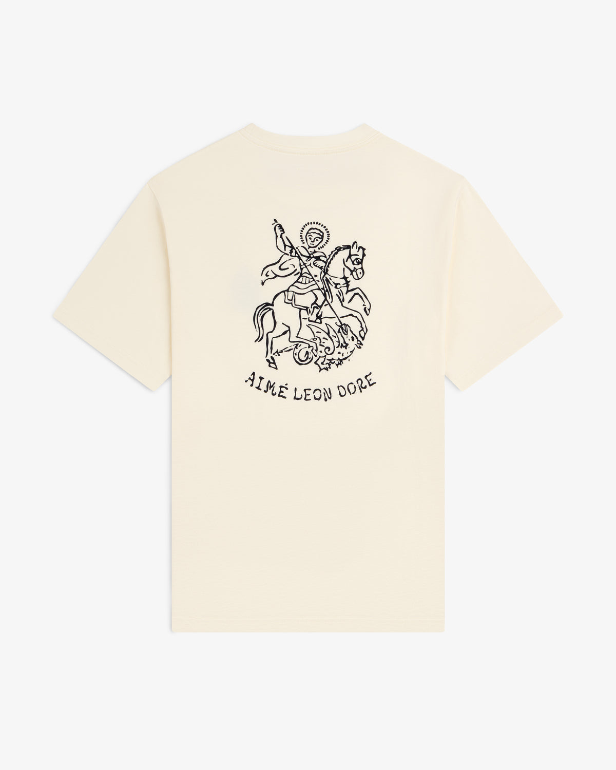 Cream Saint George Graphic Tee with black knight on horseback graphic and Aime Leon Dore text on the back.