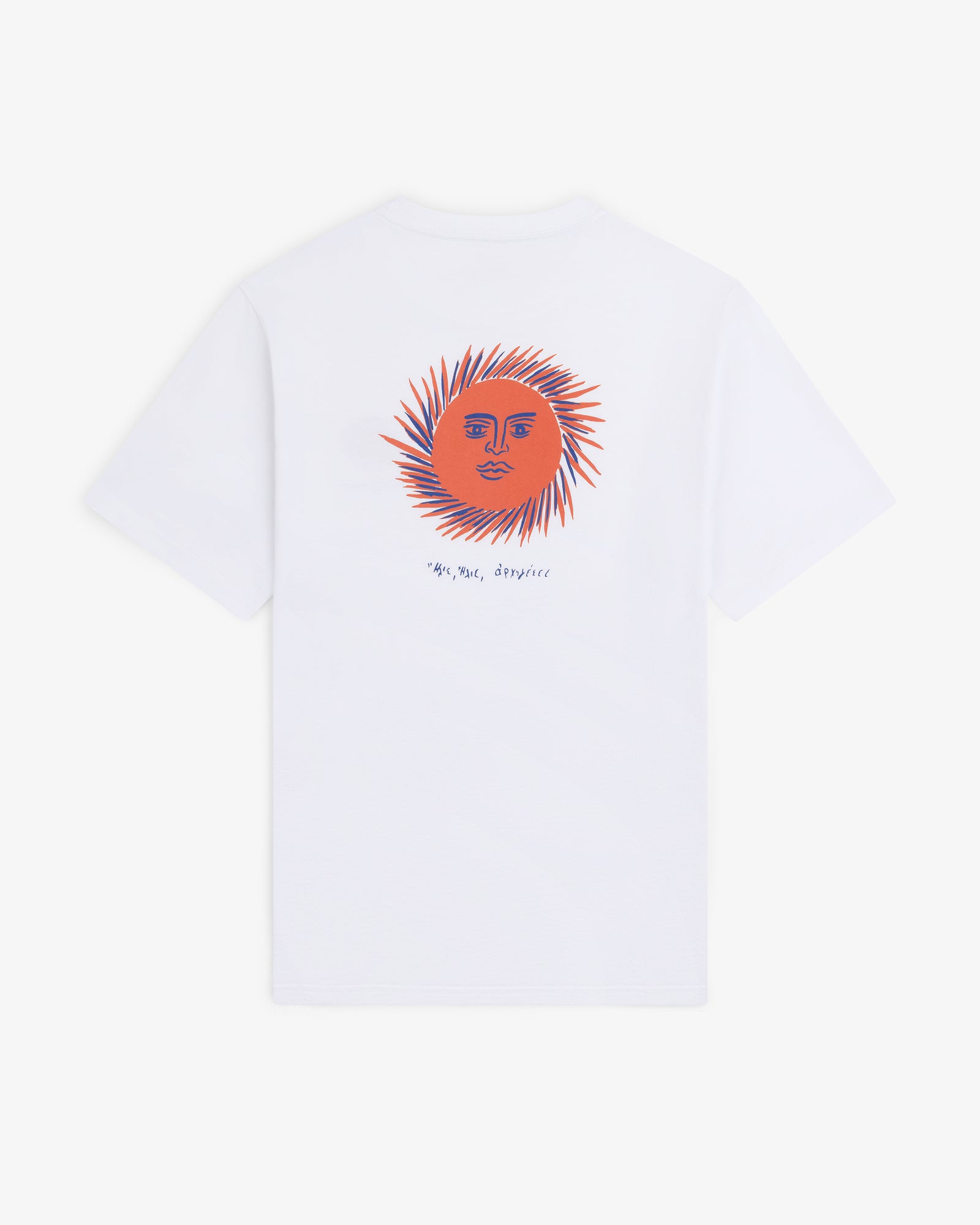 Fassianos "Sovereign Sun" Tee: White tee with large orange sun face graphic and "Oui, oui, toujours" text on the back.