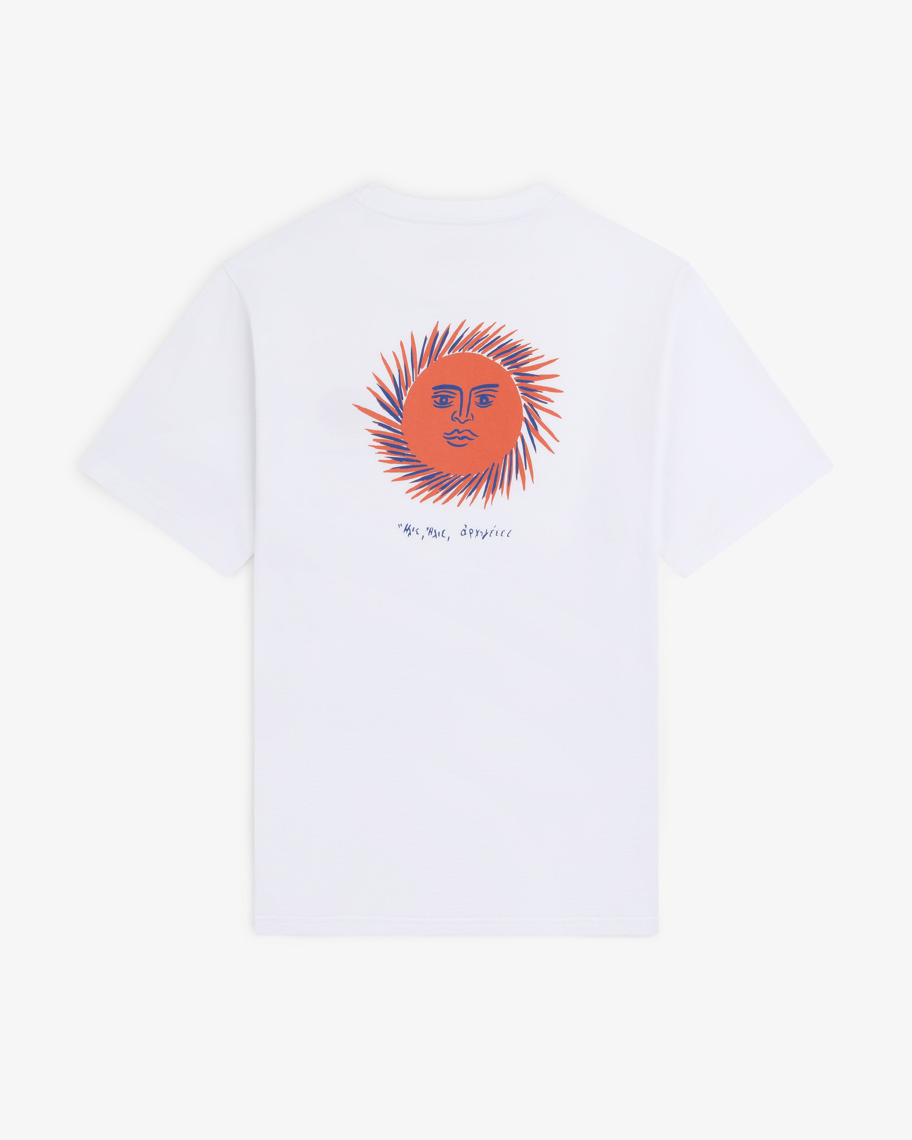 Fassianos "Sovereign Sun" Tee: White tee with large orange sun face graphic and "Oui, oui, toujours" text on the back.