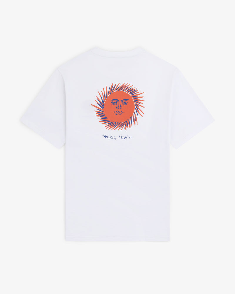 Fassianos "Sovereign Sun" Tee: White tee with large orange sun face graphic and "Oui, oui, toujours" text on the back.