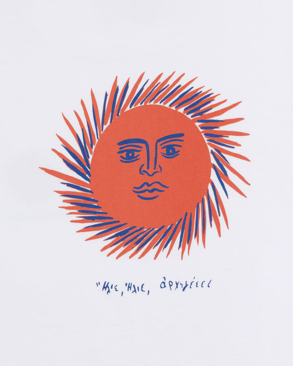 Fassianos "Sovereign Sun" Tee features an orange sun with a face and blue text on a white background.
