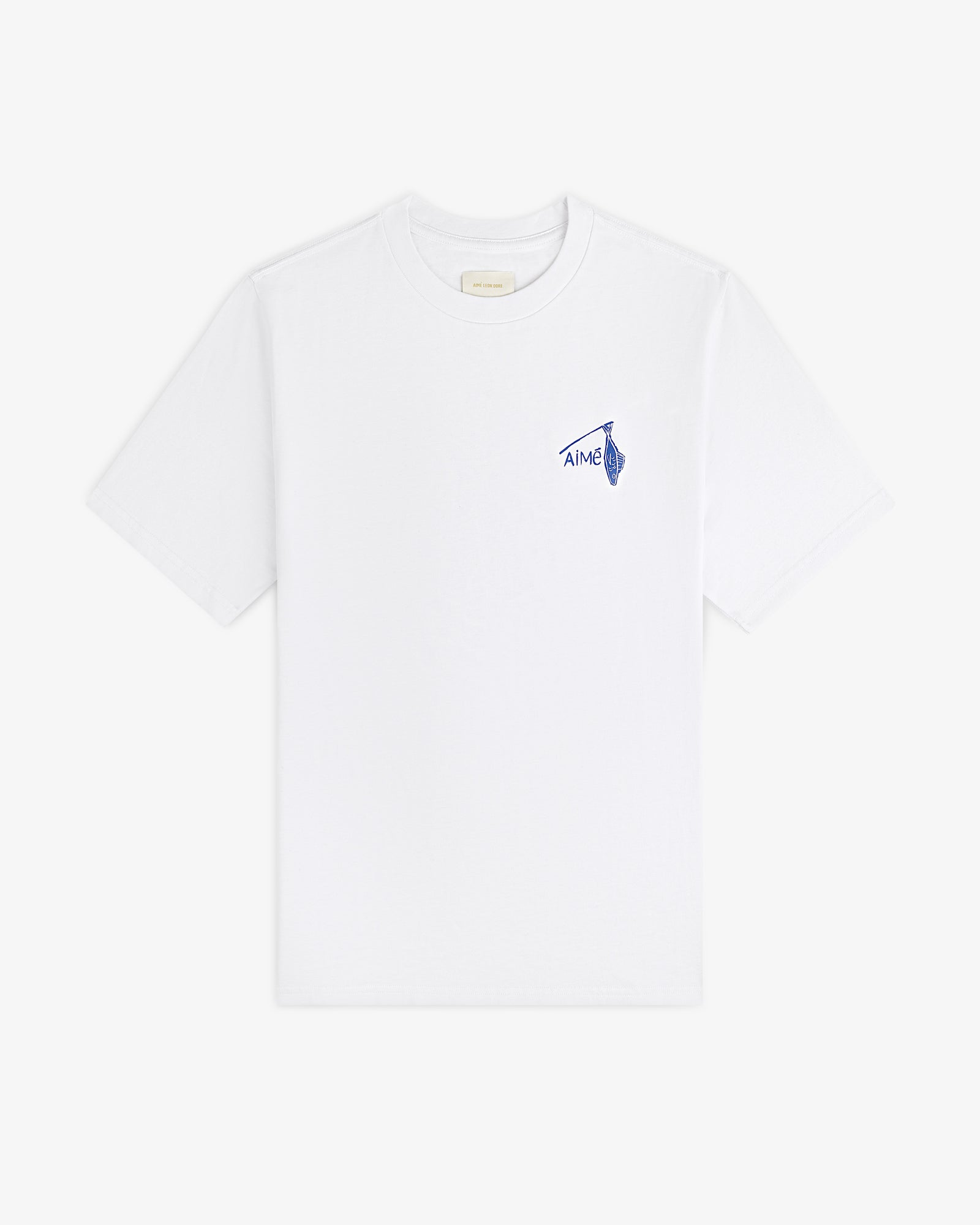 Fisherman Tee: White T-shirt featuring a small blue AIME graphic on the left chest.