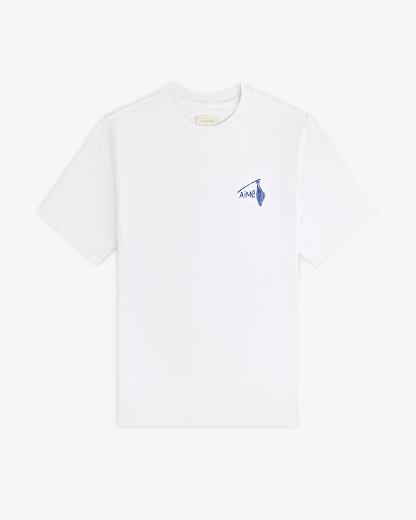 Fisherman Tee: White T-shirt featuring a small blue AIME graphic on the left chest.