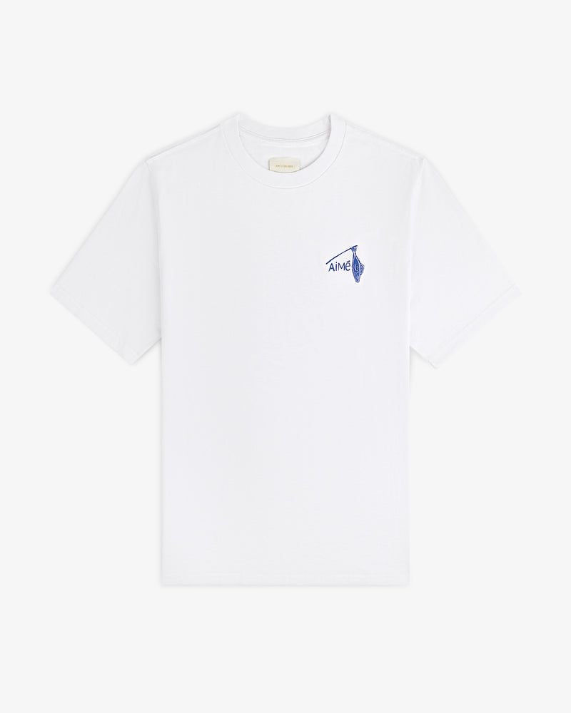 Fisherman Tee: White T-shirt featuring a small blue AIME graphic on the left chest.