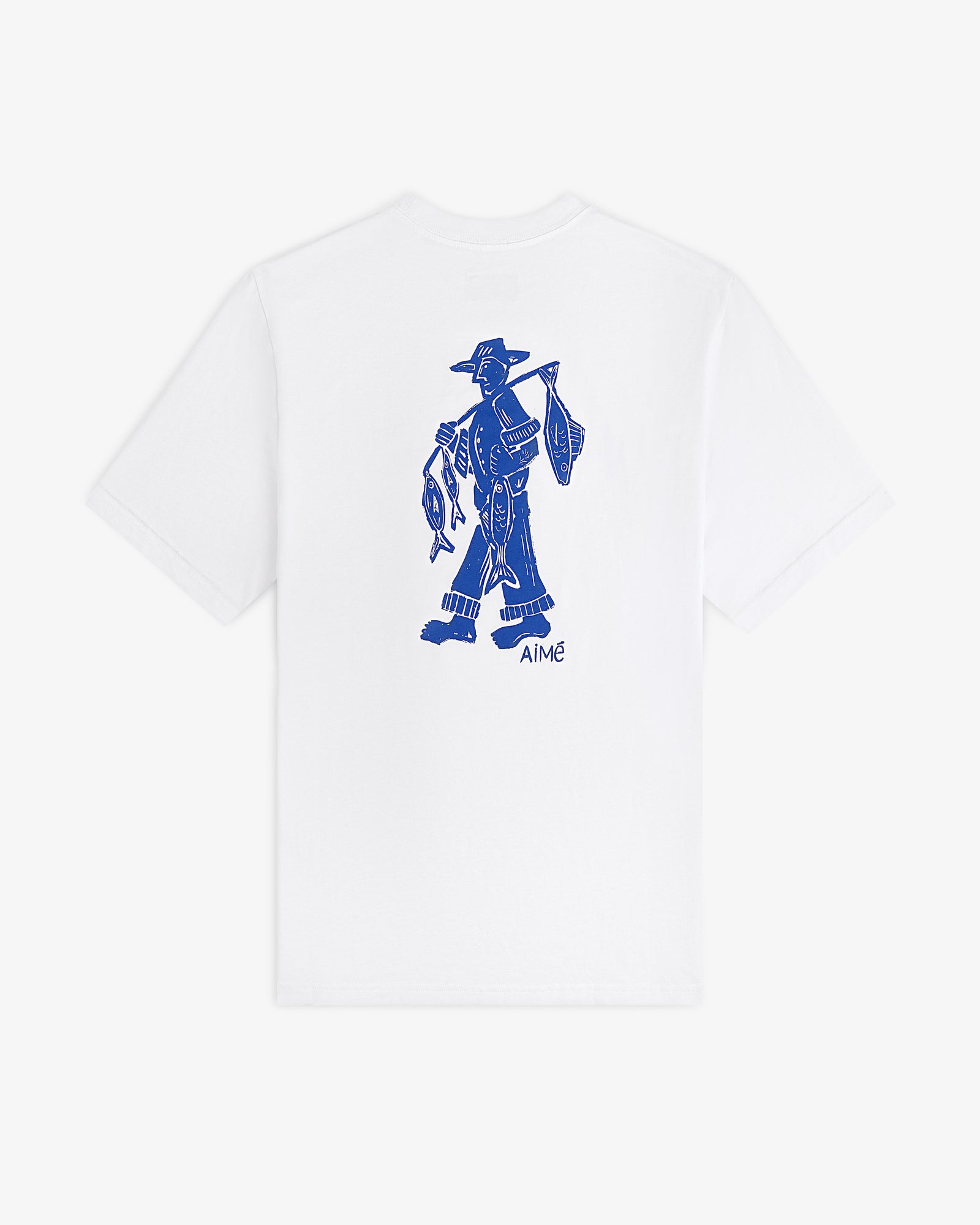 White Fisherman Tee with blue graphic of cowboy carrying fish and bag, AIME written below illustration.