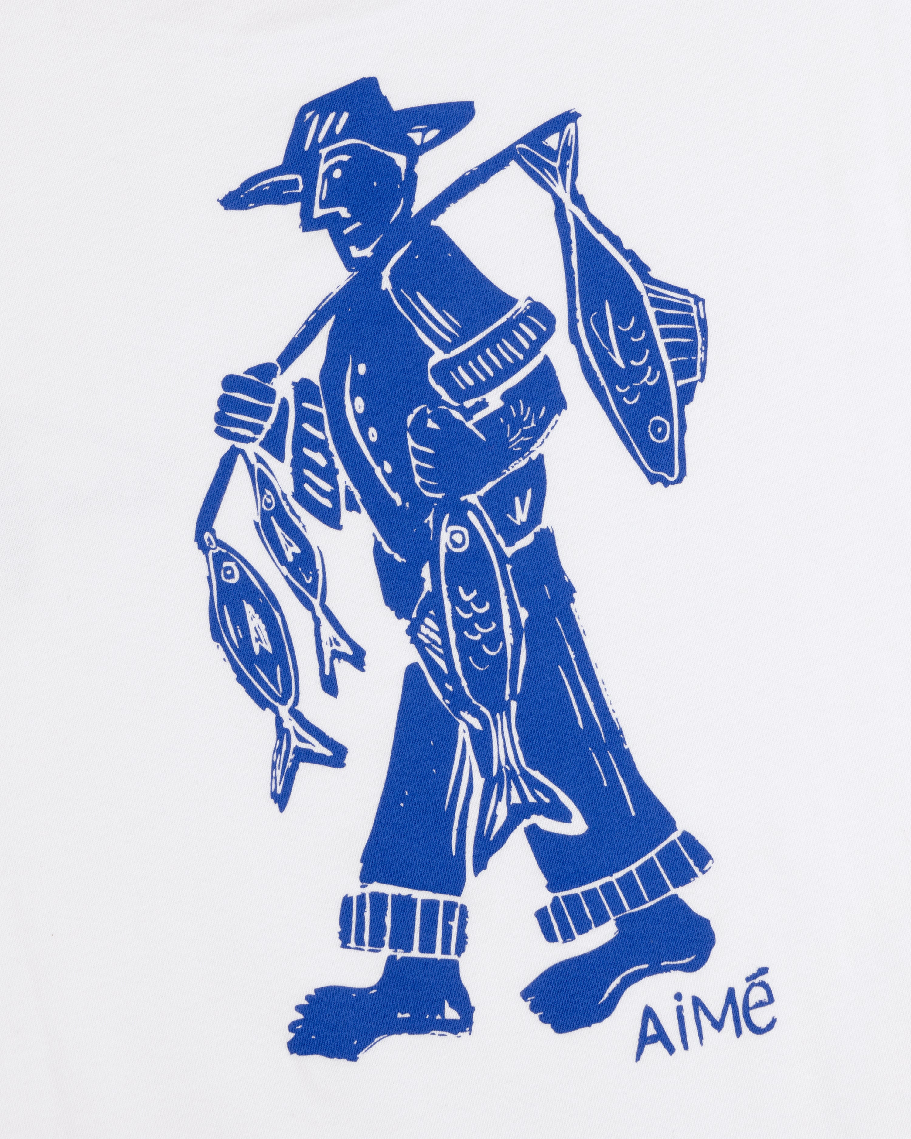 Blue line drawing of a fisherman with fish on a pole over his shoulder, "AIMÉ" below. Fisherman Tee.