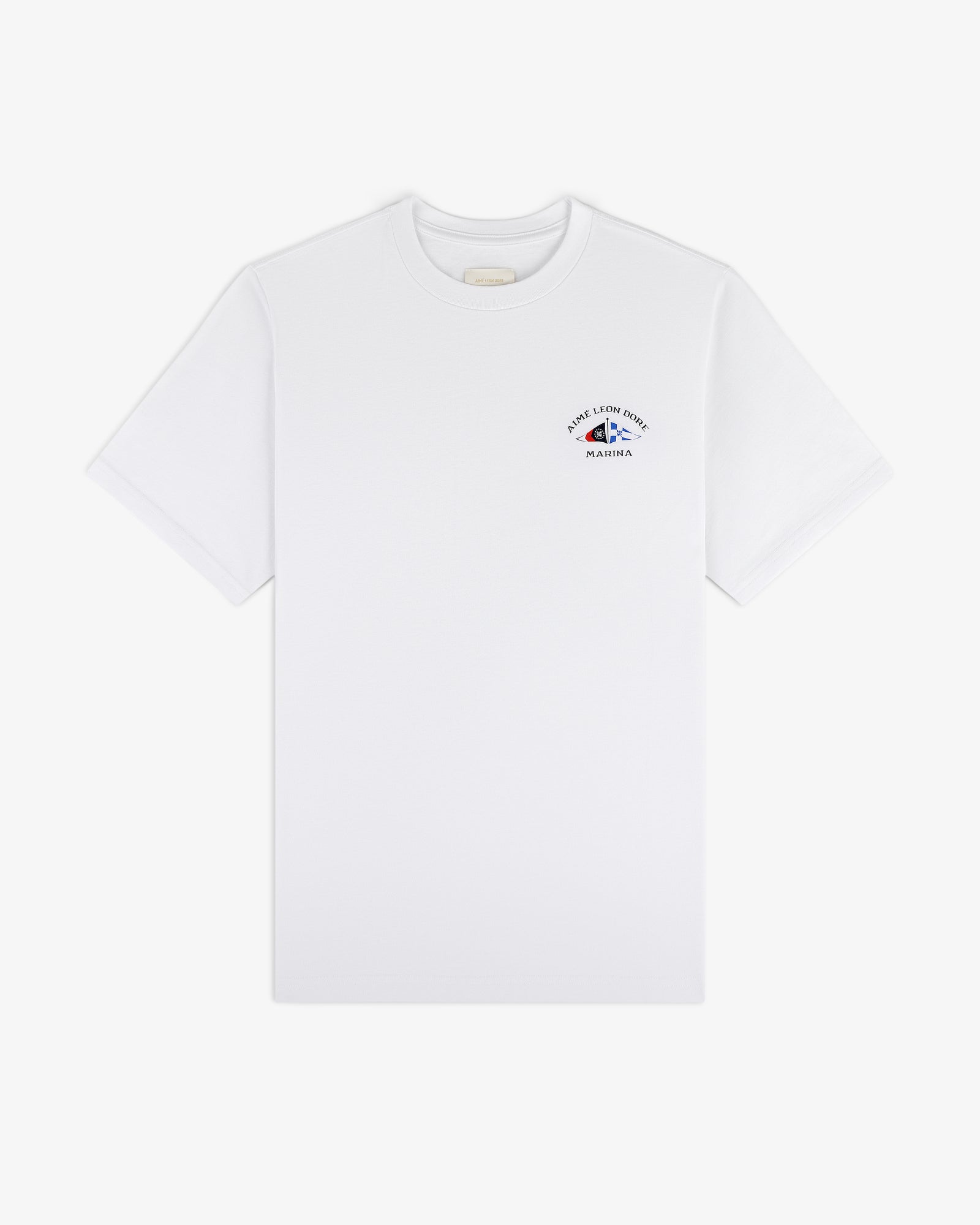 Marina Tee: white short-sleeve shirt with small blue graphic and text on upper left chest.