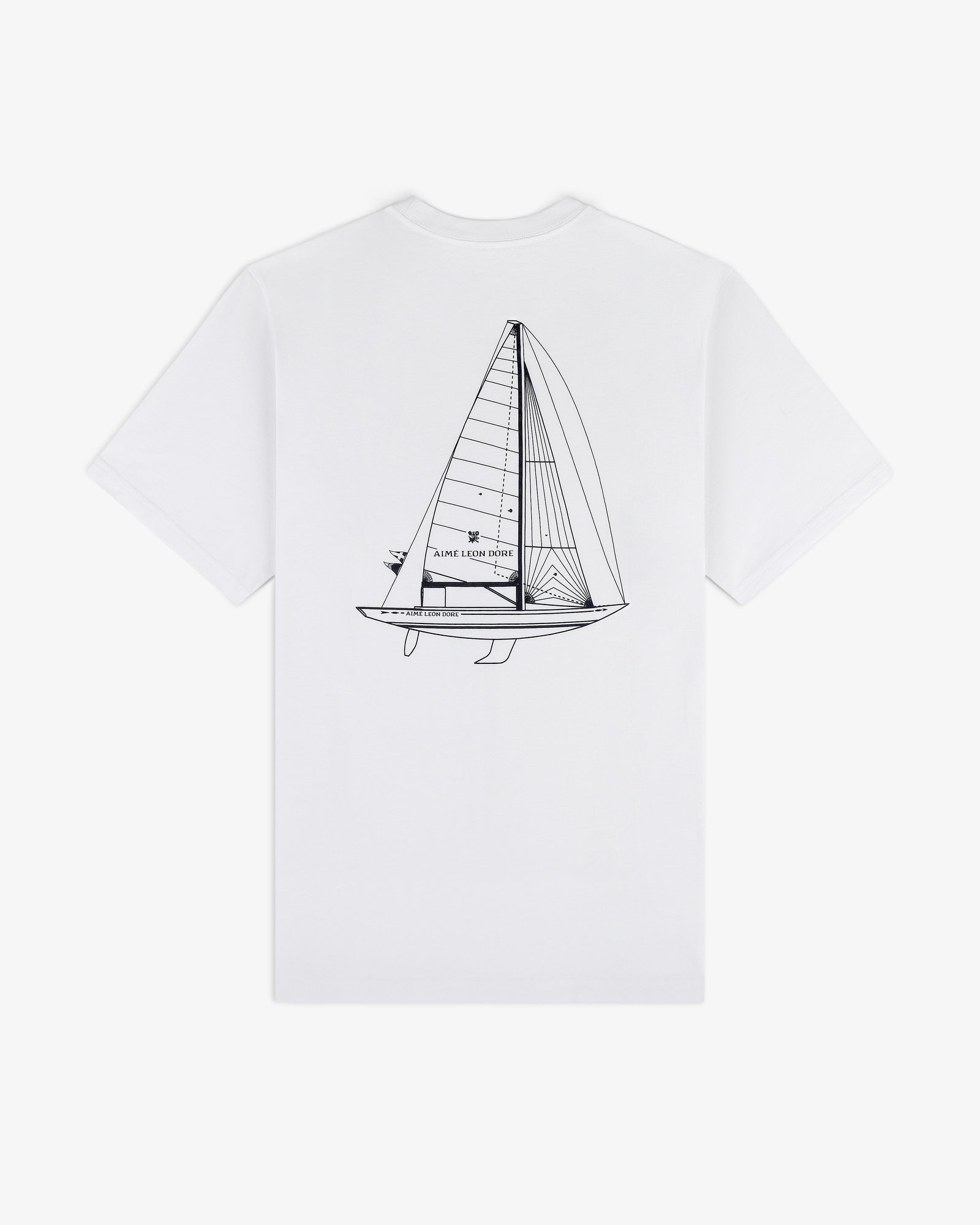 Marina Tee: White T-shirt featuring a black line drawing of a sailboat on the back.