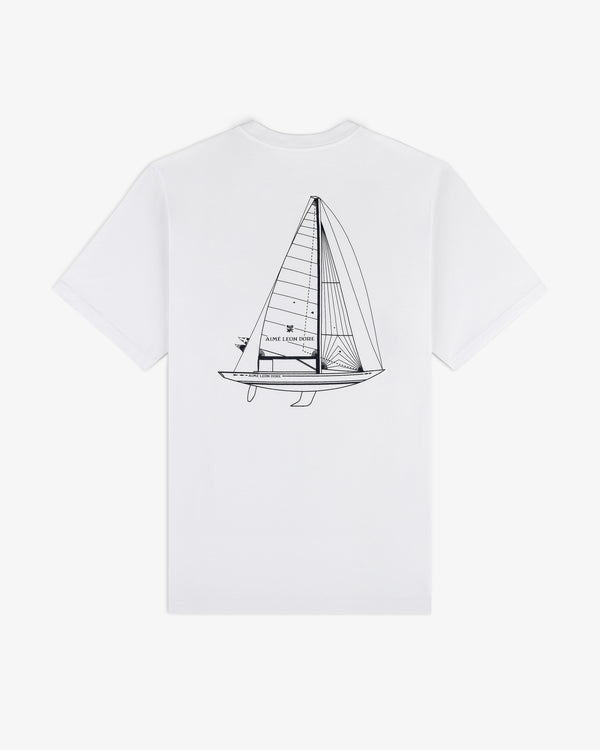 Marina Tee: White T-shirt featuring a black line drawing of a sailboat on the back.