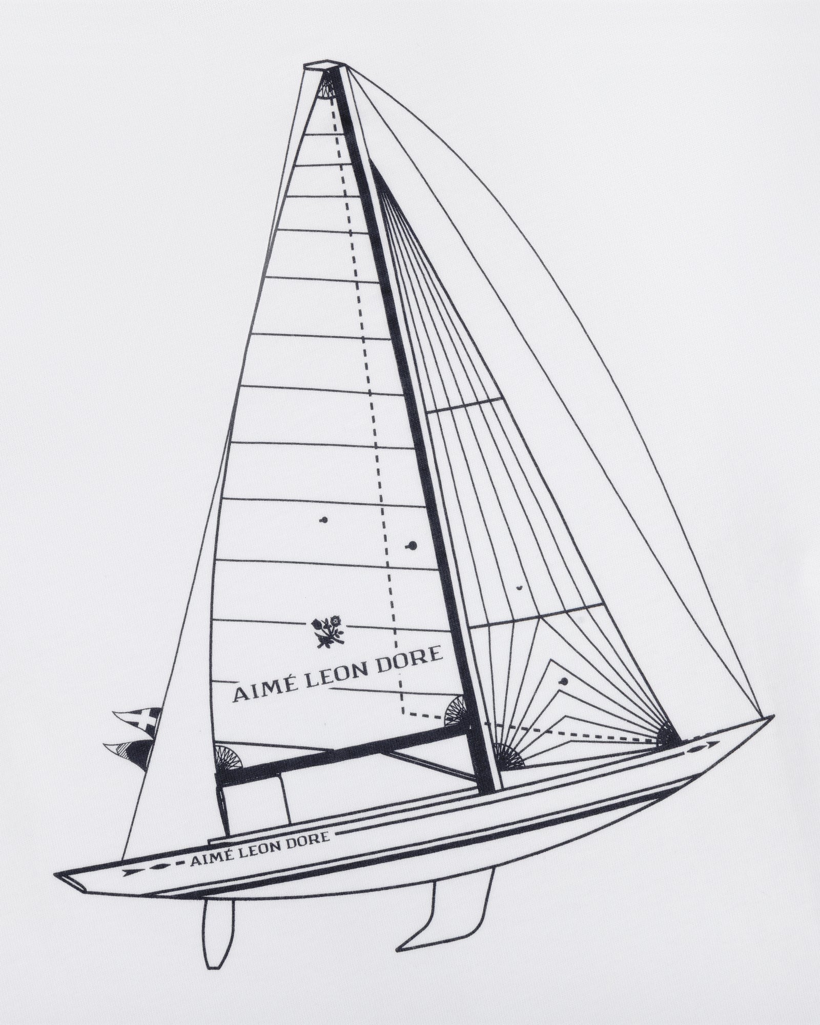 Black line sailboat drawing with Aime Leon Dore text on sail and hull, on white Marina Tee.