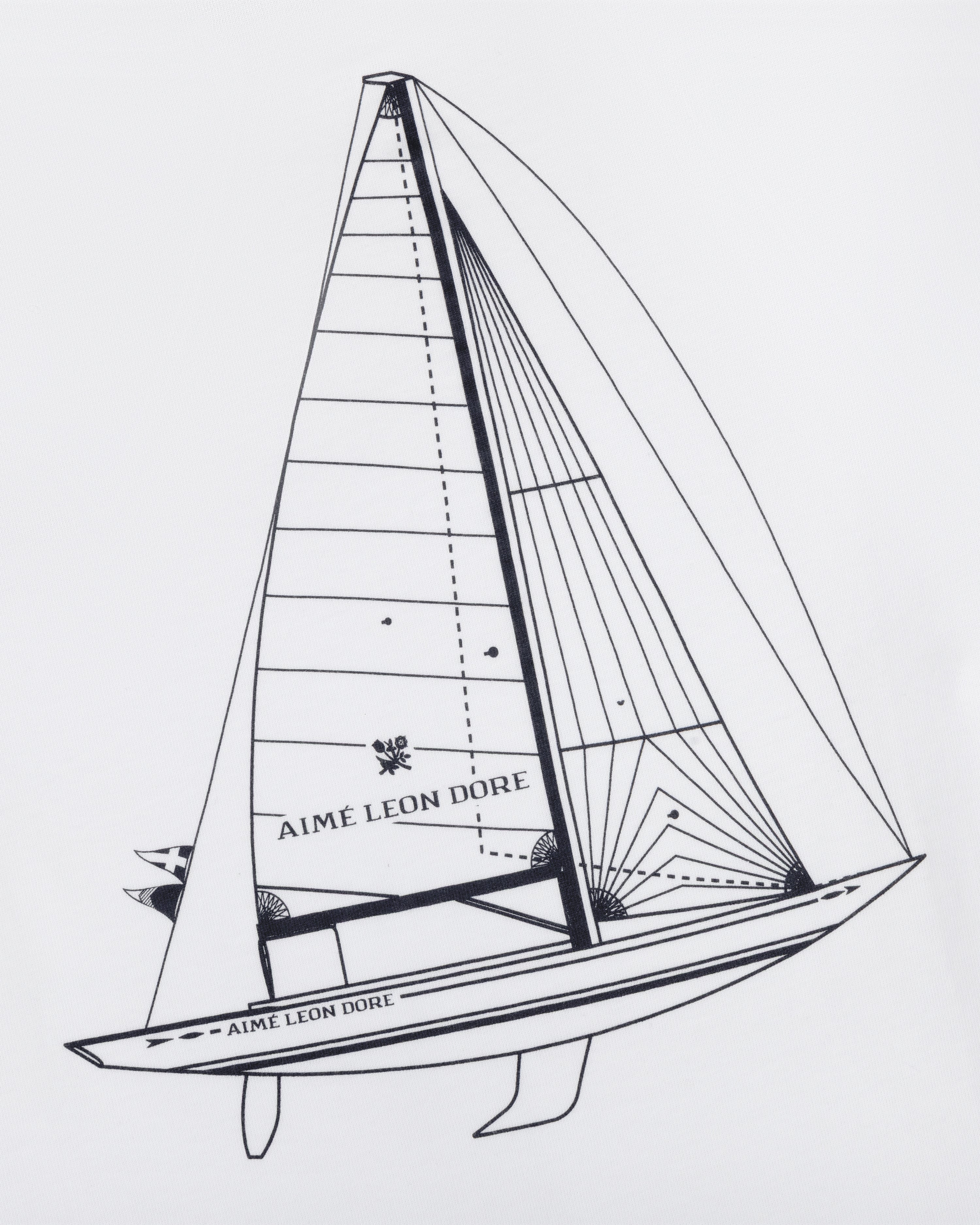 Black line sailboat drawing with Aime Leon Dore text on sail and hull, on white Marina Tee.