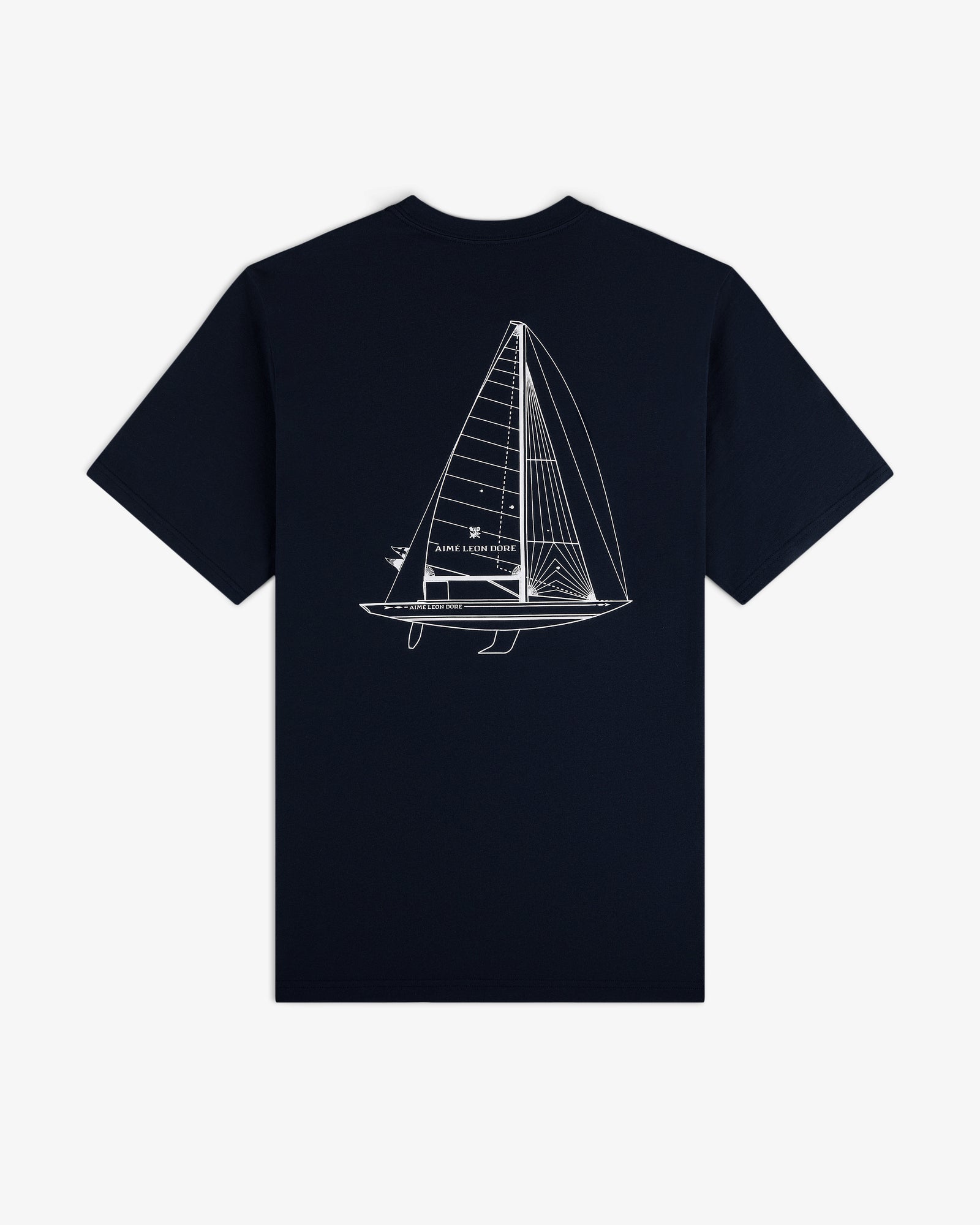 Marina Tee: Navy t-shirt featuring a white sailboat line drawing and Saint Louis Spirit text on the back.