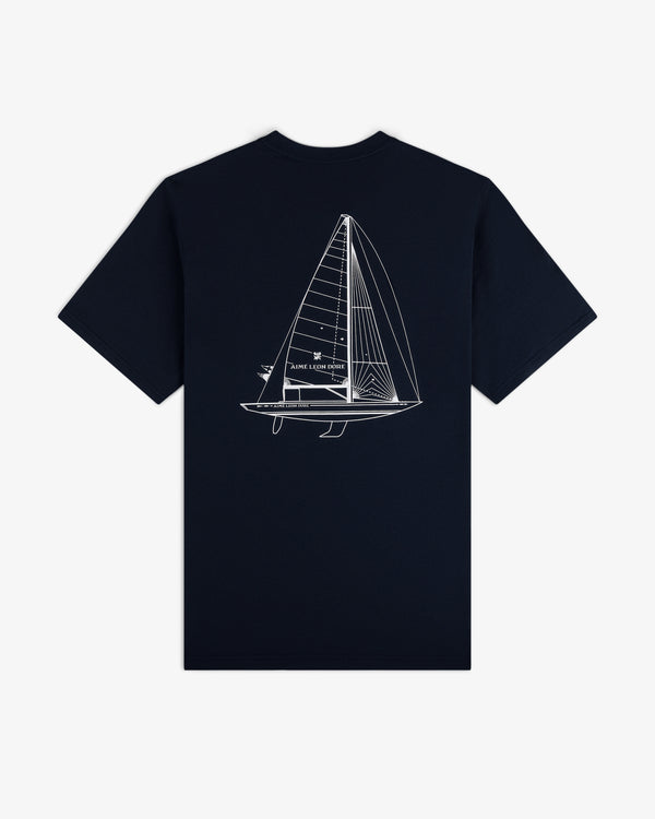 Marina Tee: Navy t-shirt featuring a white sailboat line drawing and Saint Louis Spirit text on the back.