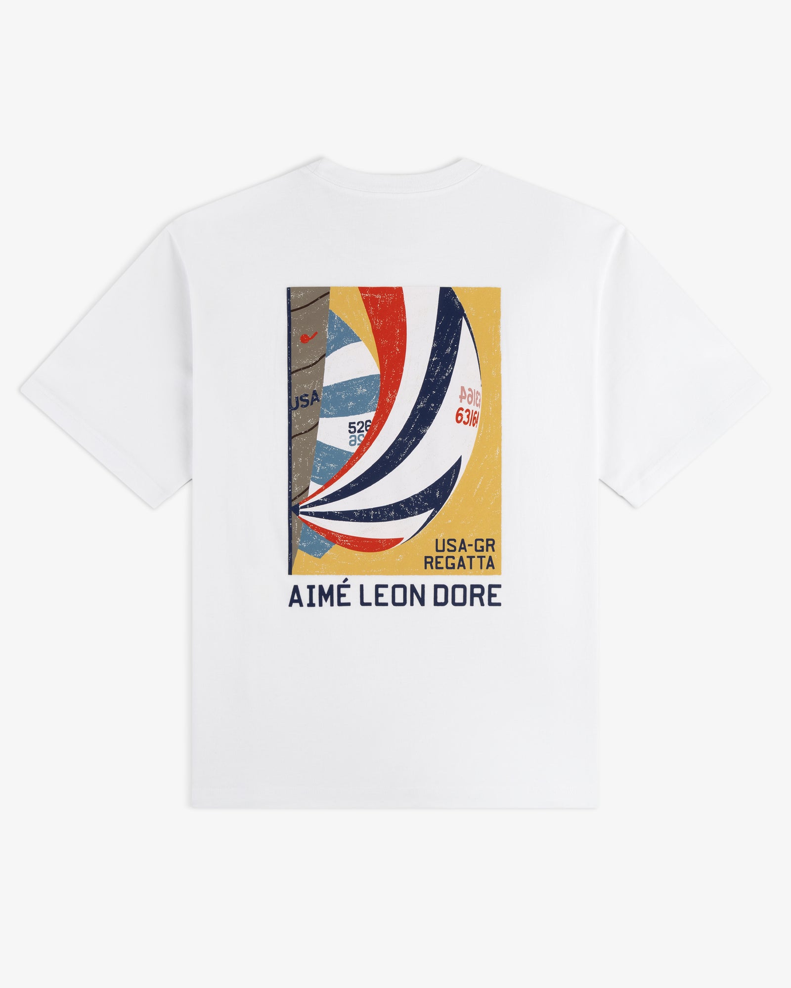 Regatta Tee: White T-shirt featuring a colorful regatta graphic and AIMÉ LEON DORE text on the back.