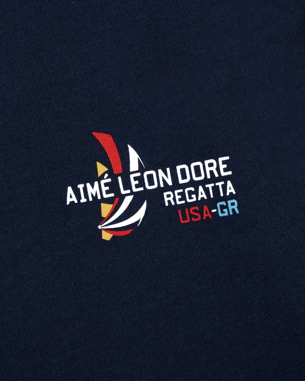 Navy Regatta Tee featuring Aimé Leon Dore USA-GR and a colorful sailboat graphic print.