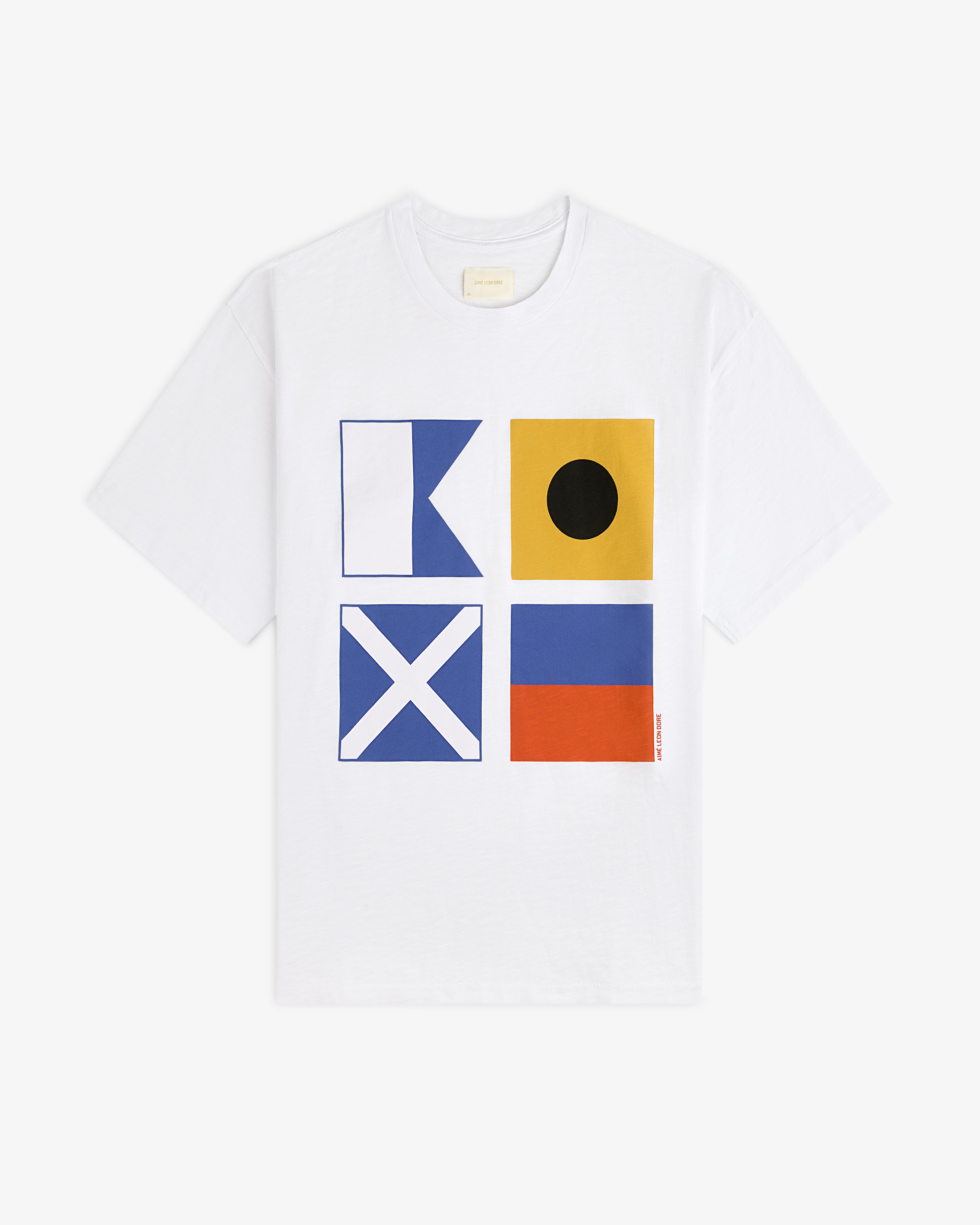 Maritime Tee: White shirt featuring four colorful nautical signal flags arranged in a square on the front.
