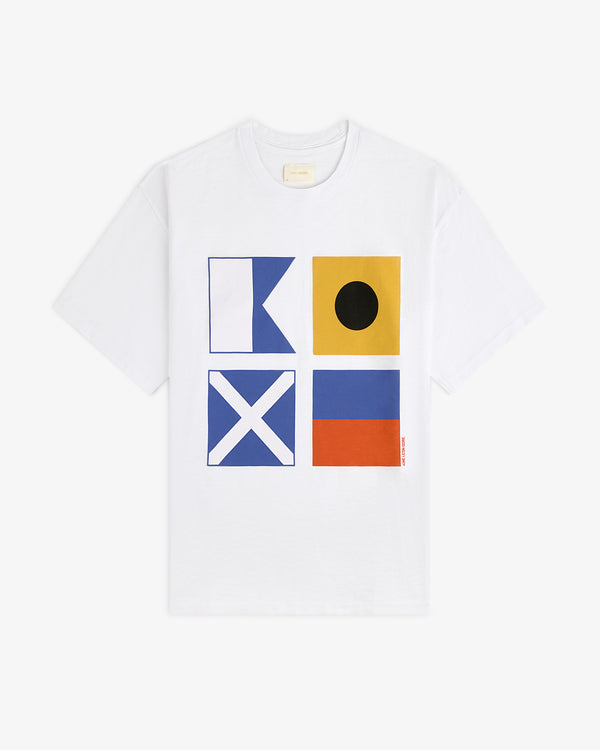 Maritime Tee: White shirt featuring four colorful nautical signal flags arranged in a square on the front.