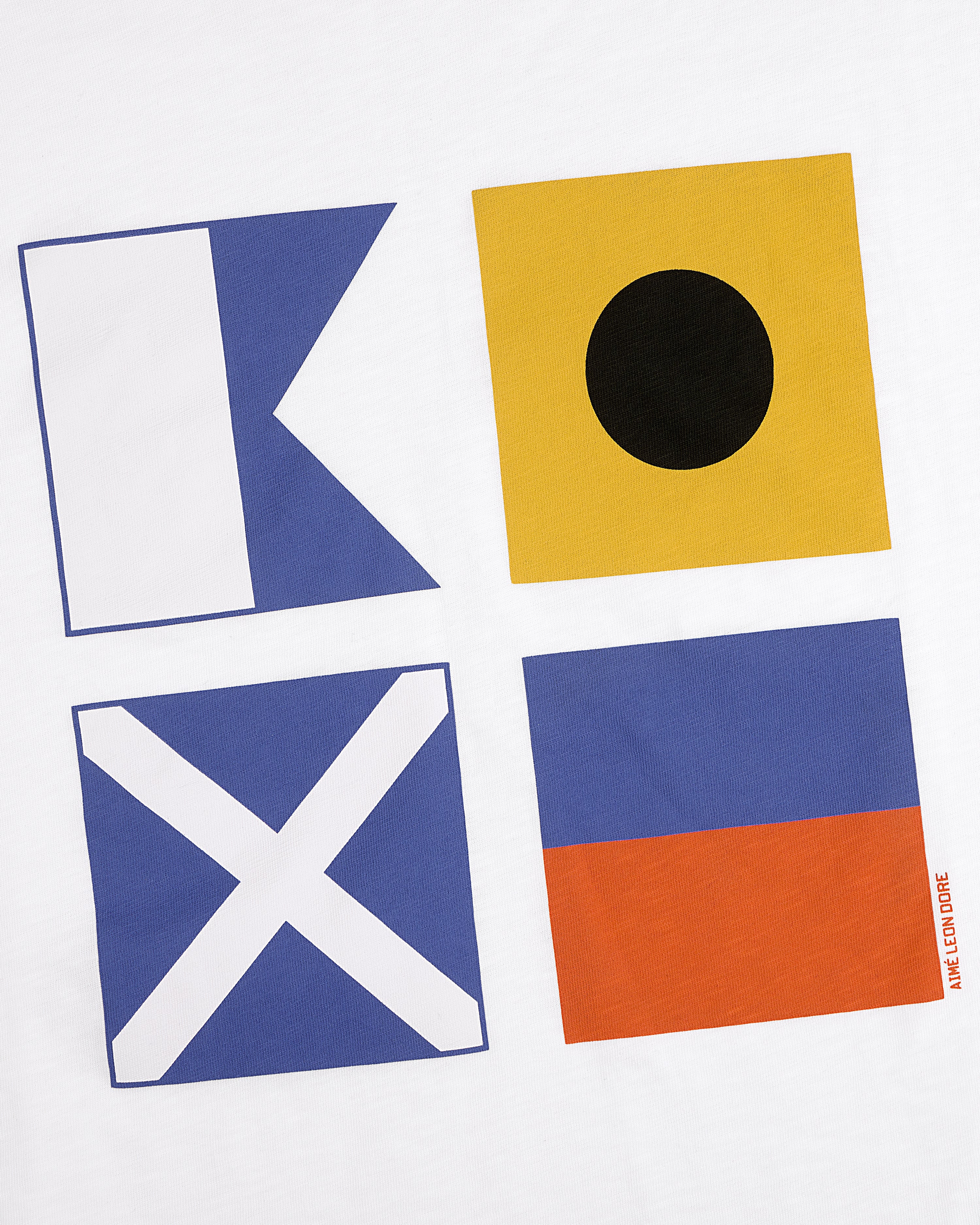 The Maritime Tee features four nautical signal flags with blue, yellow, black, white, and orange on a white background.